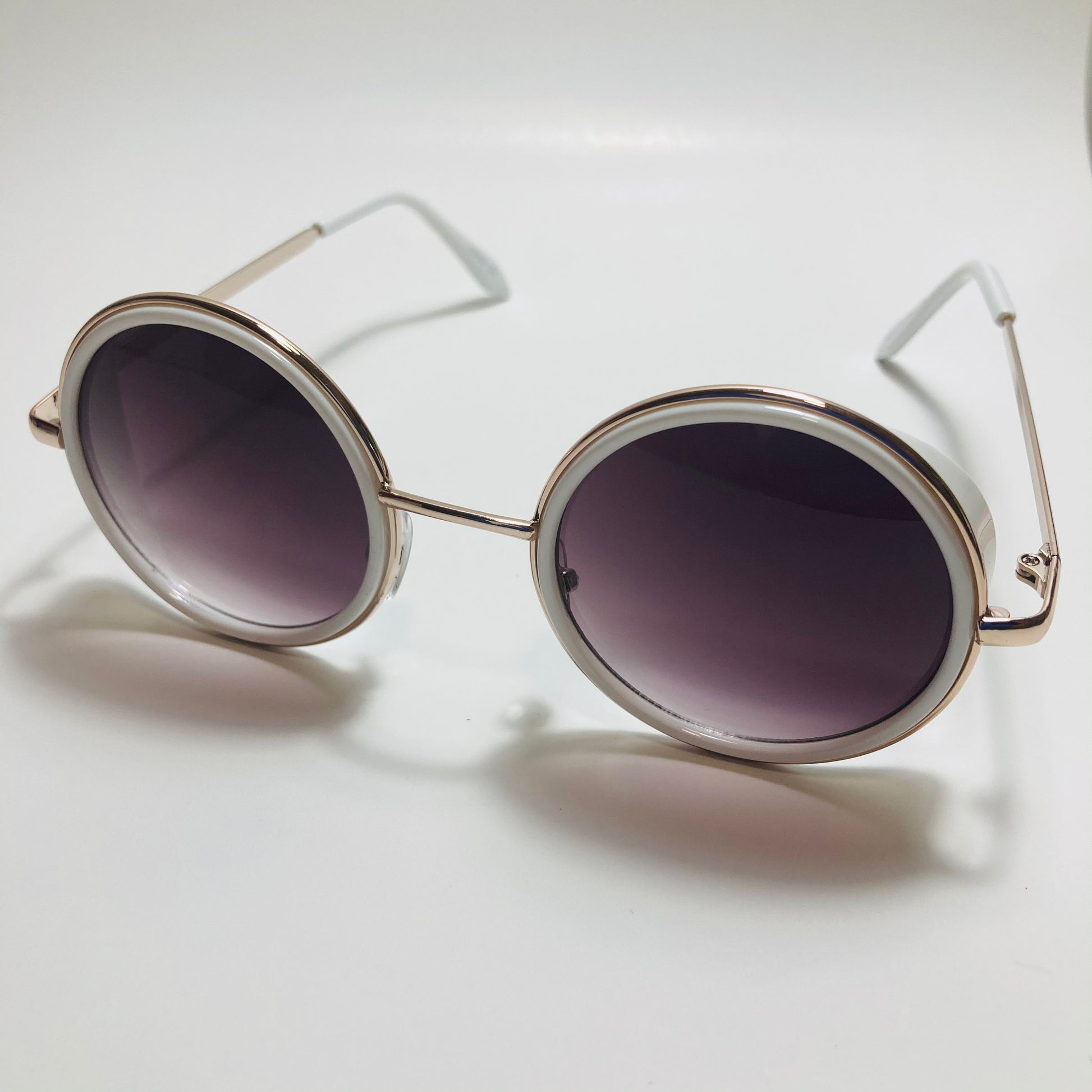 mens and womens white gold and black round side shield sunglasses
