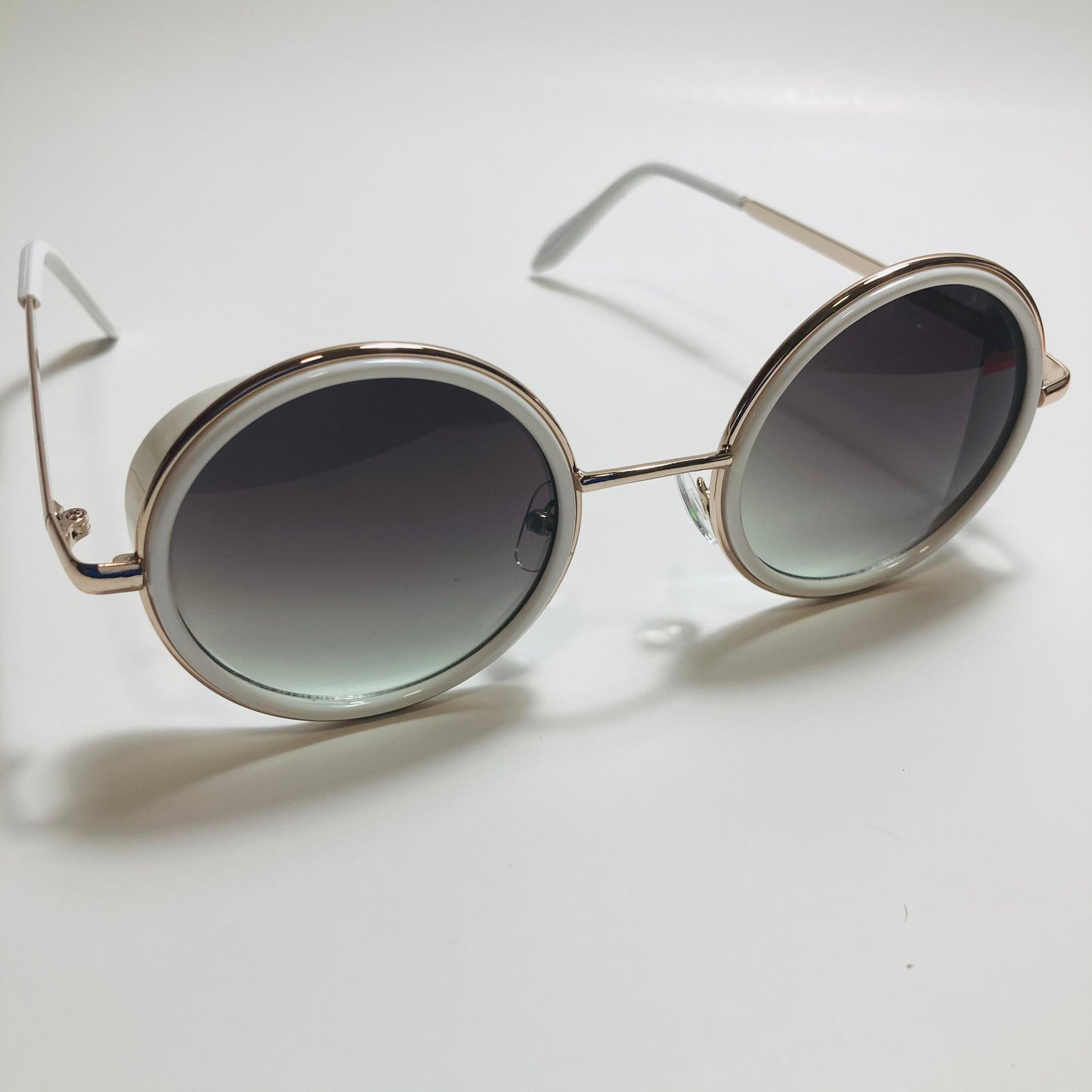 mens and womens white gold and black round side shield sunglasses