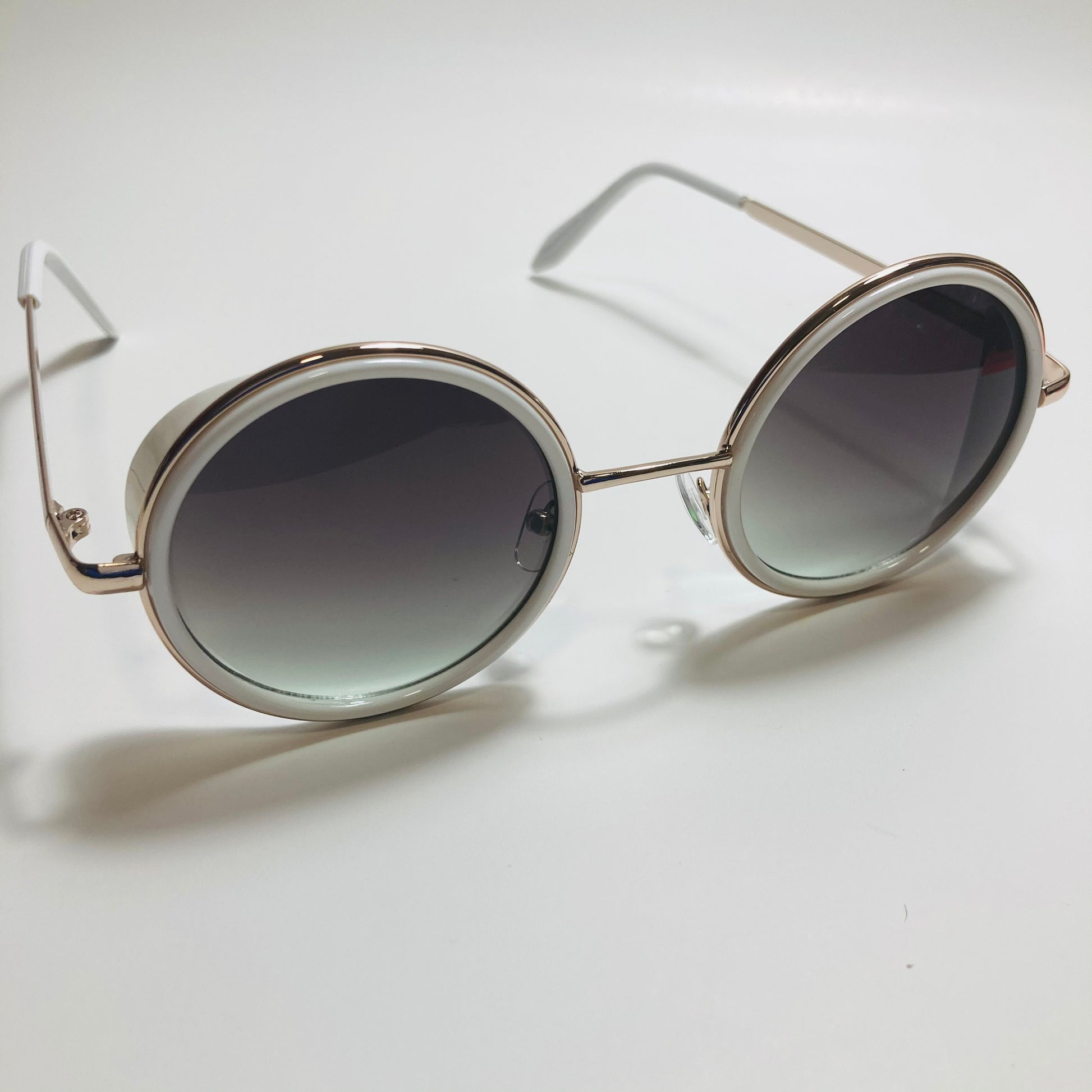 mens and womens white gold and black round side shield sunglasses
