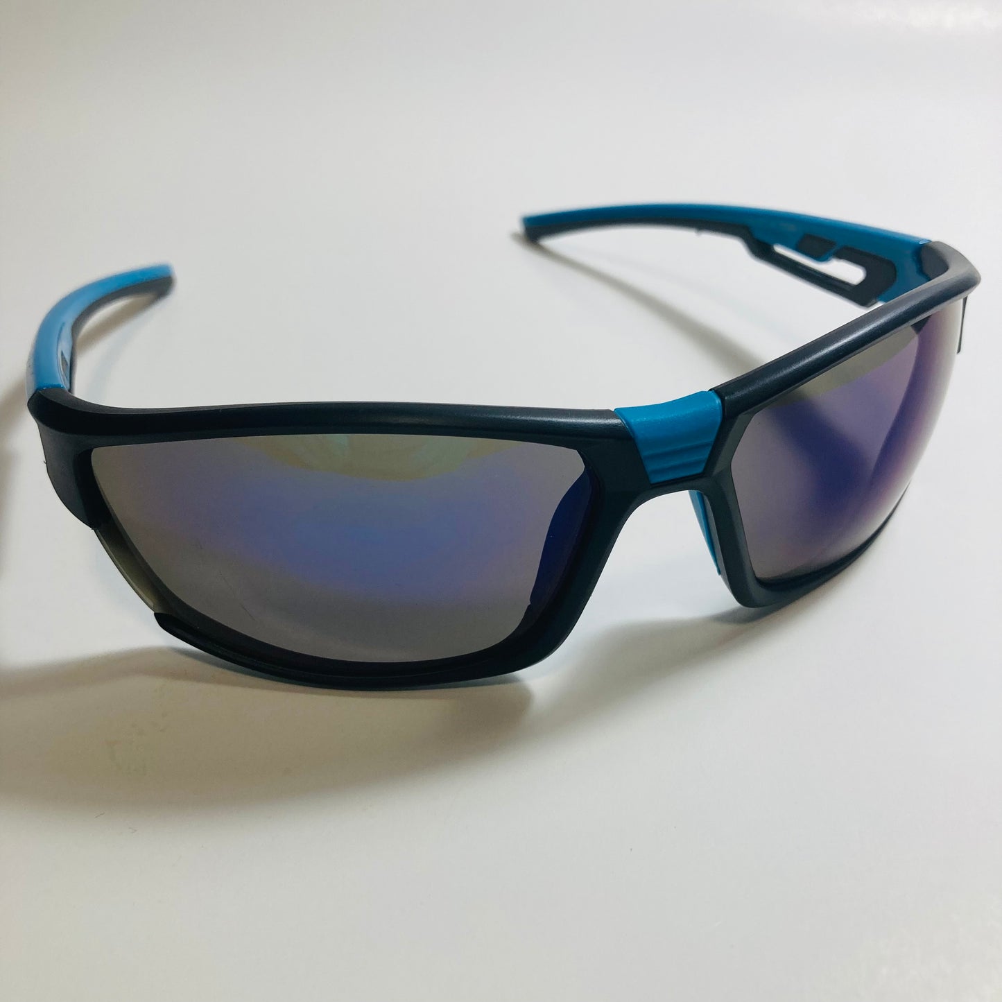 black and blue wrap around sunglasses