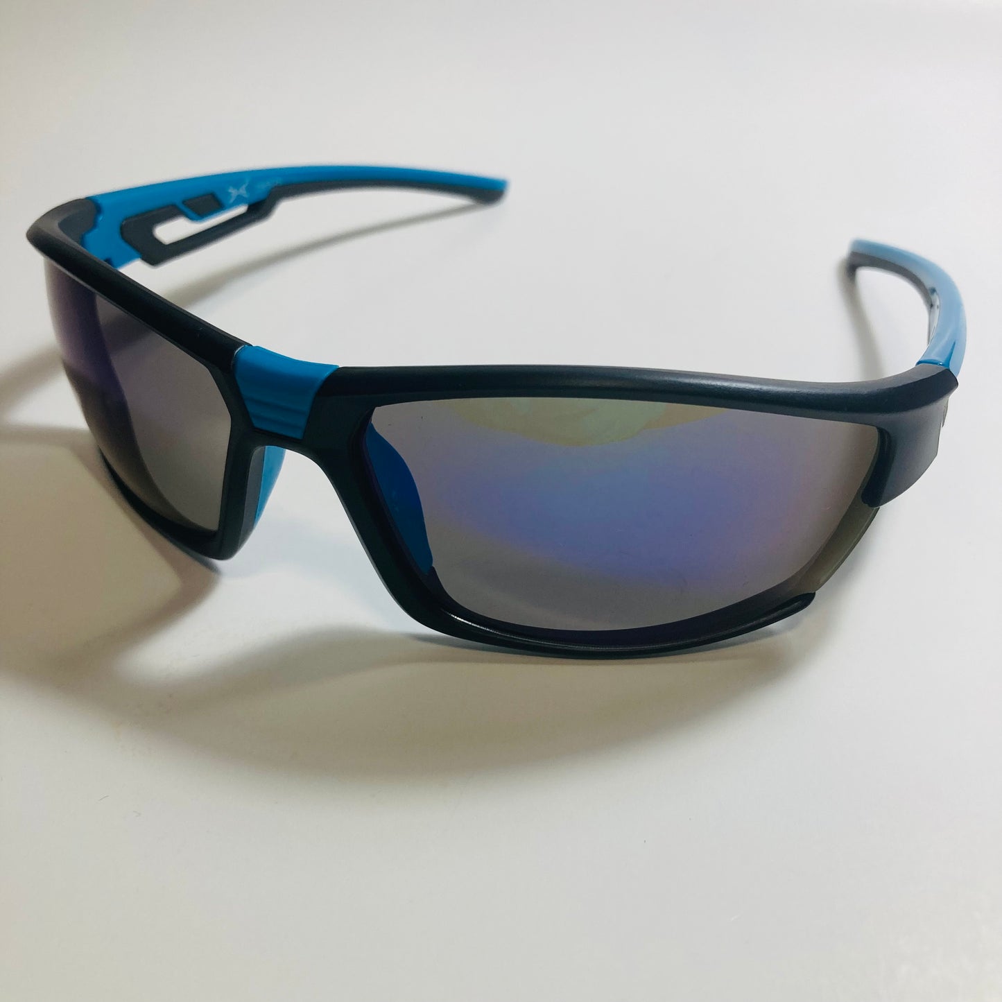 black and blue wrap around sunglasses