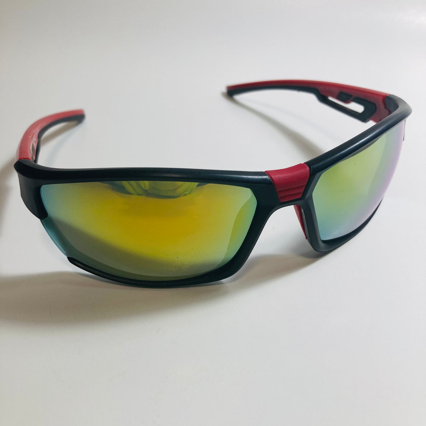 black, red, and yellow wrap around sunglasses