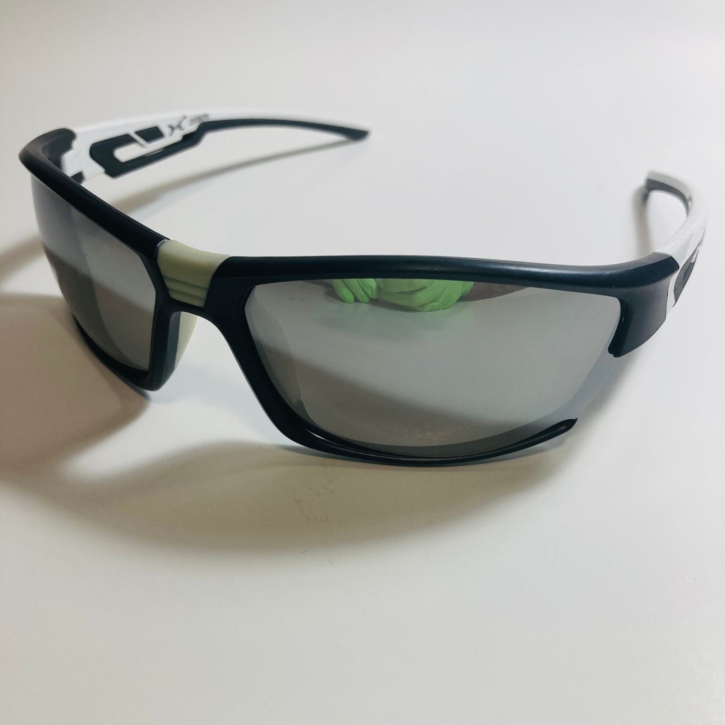black and silver wrap around sunglasses