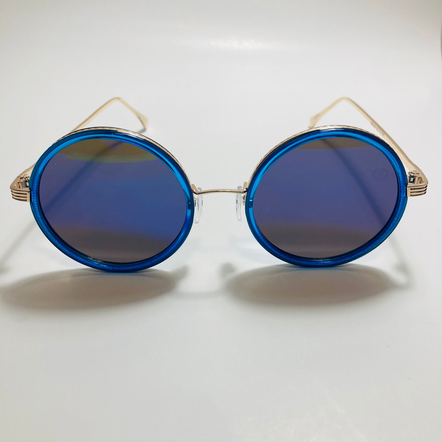 blue and gold womens round sunglasses with mirror lenses