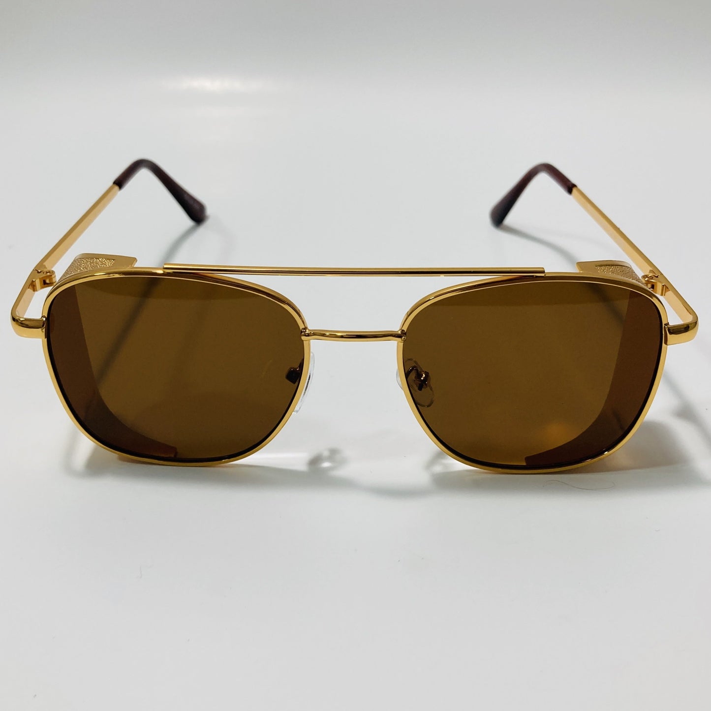 mens gold and brown aviator sunglasses with side shield