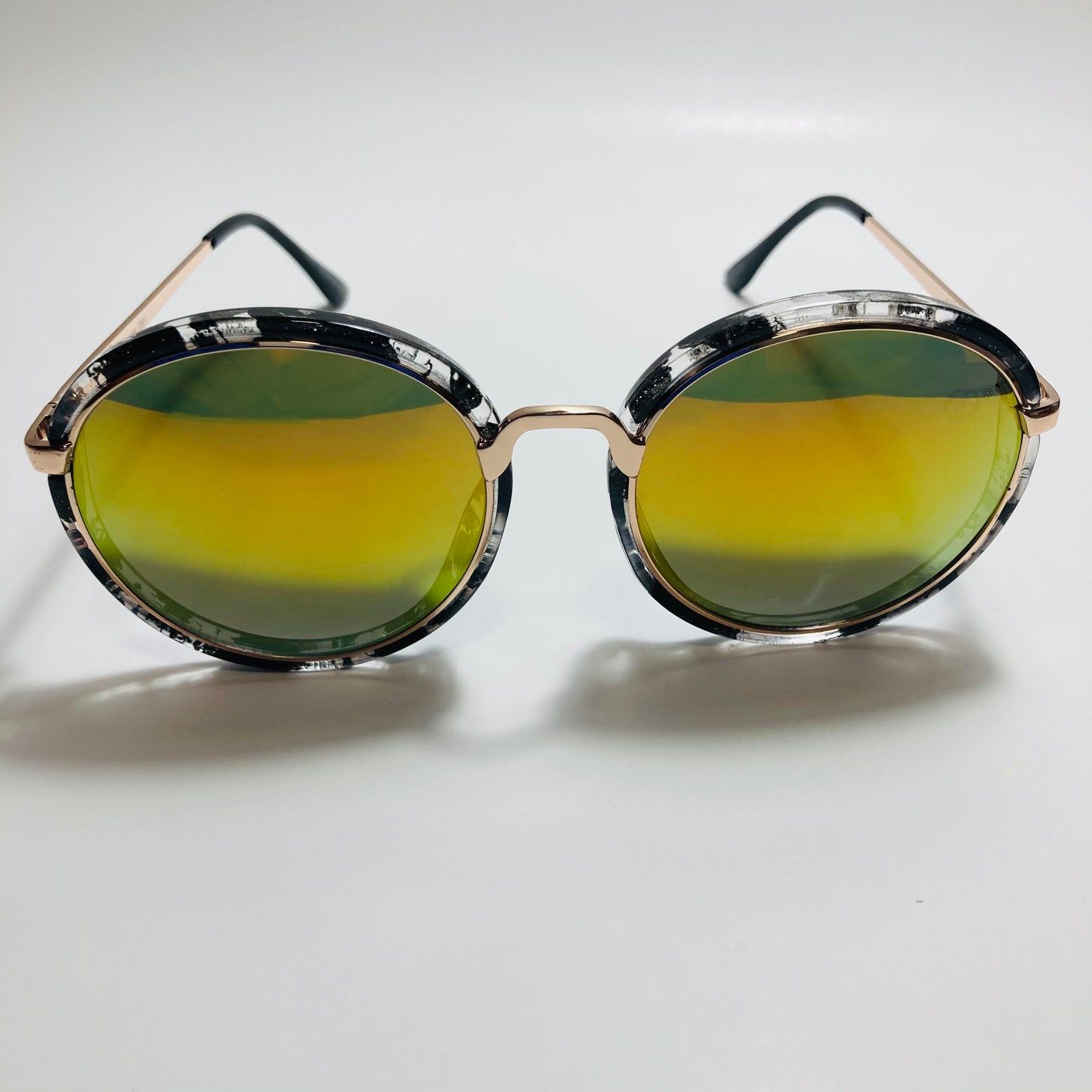 womens white black and yellow mirrored round sunglasses