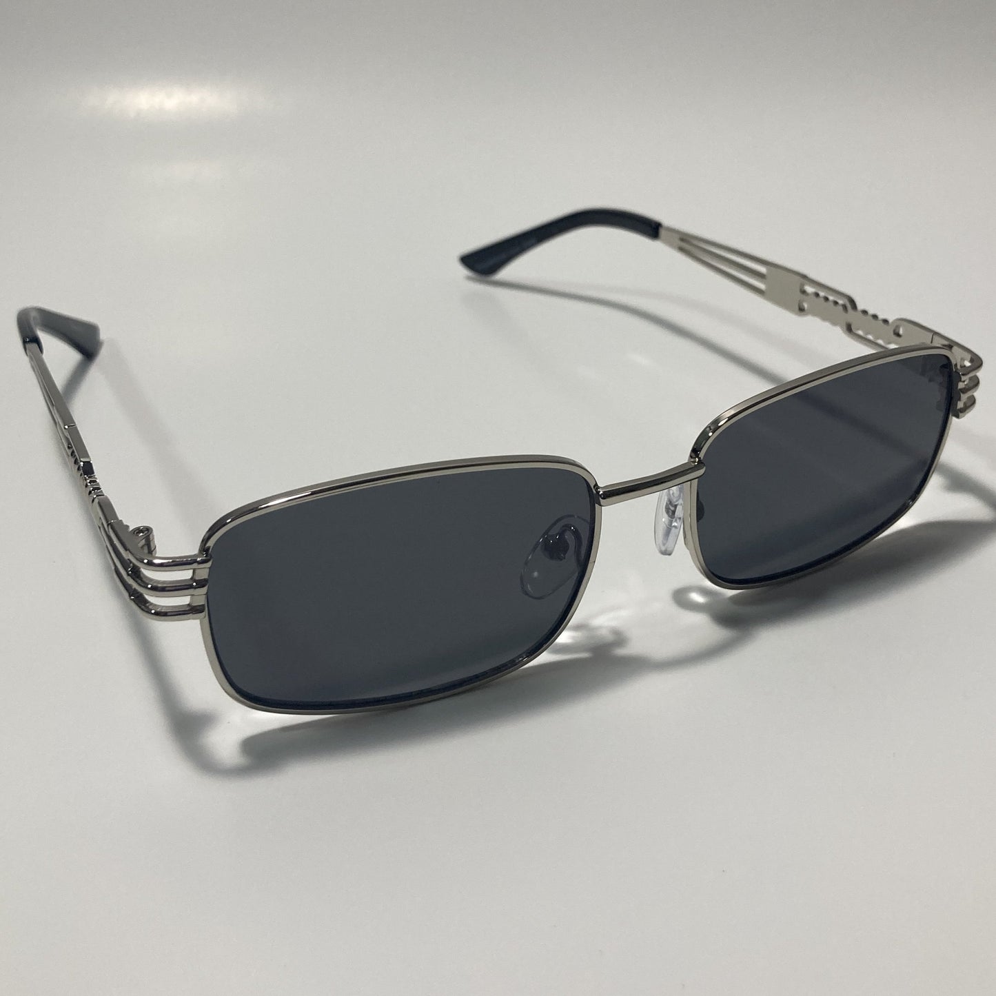 mens and womens silver square sunglasses with black lenses
