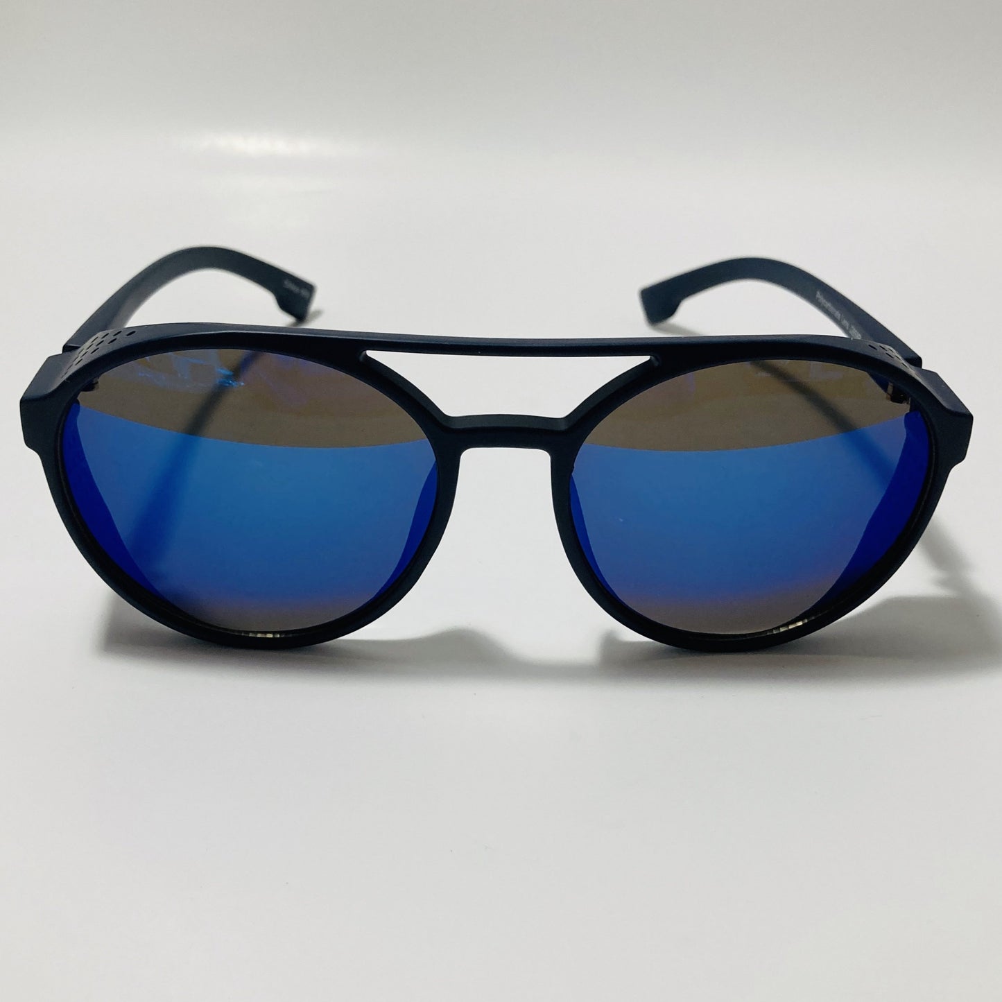 mens and womens black and blue round steampunk sunglasses with side shields