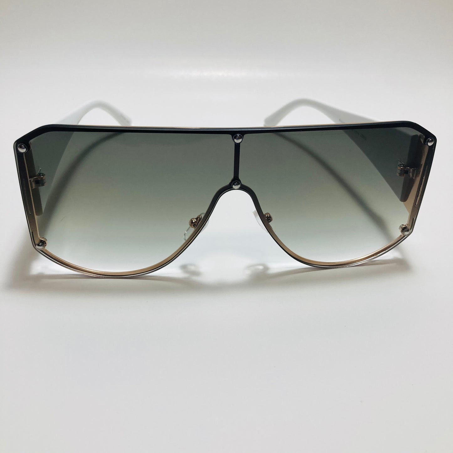 white green and gold shield sunglasses