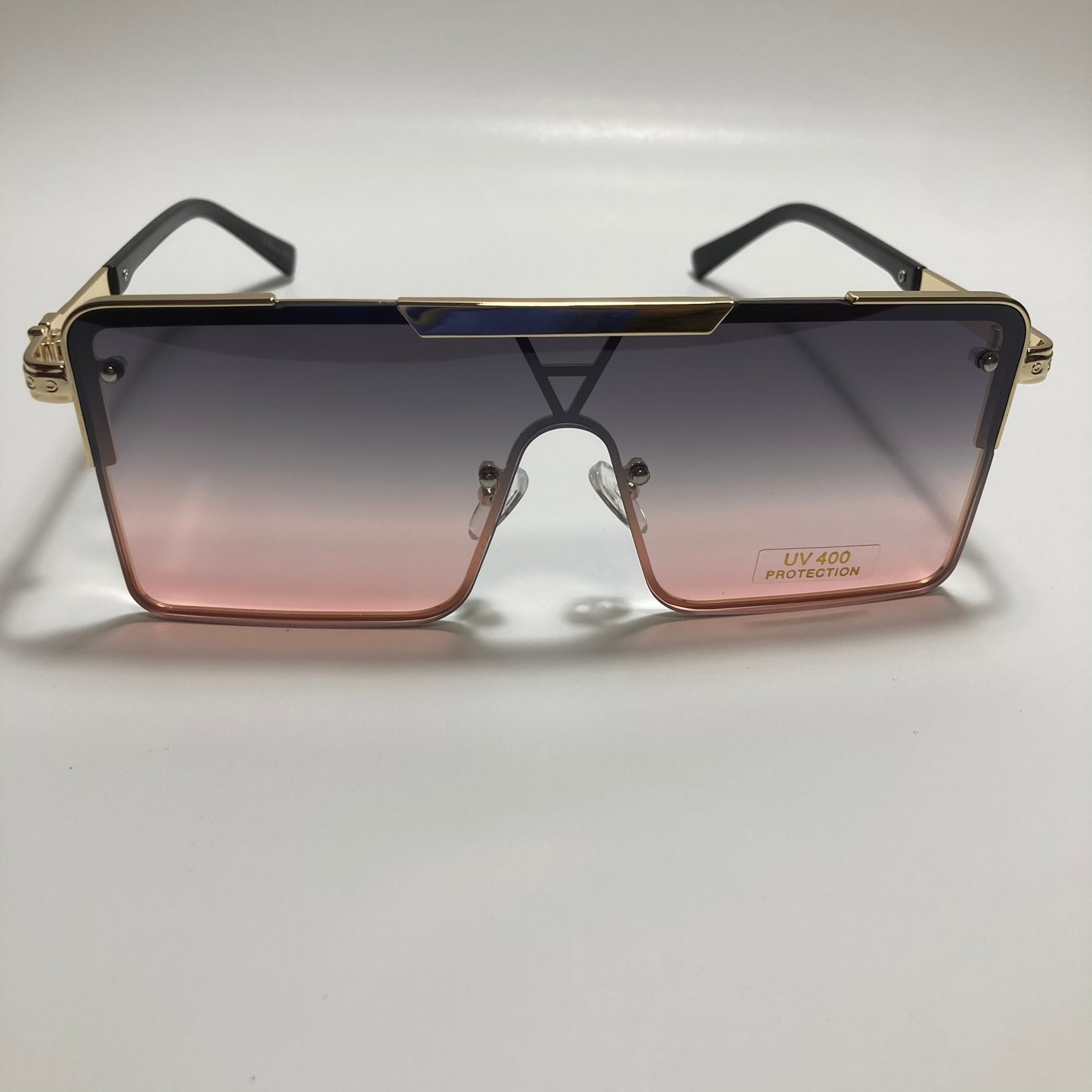 womens gold square oversize sunglasses with pink and black lenses