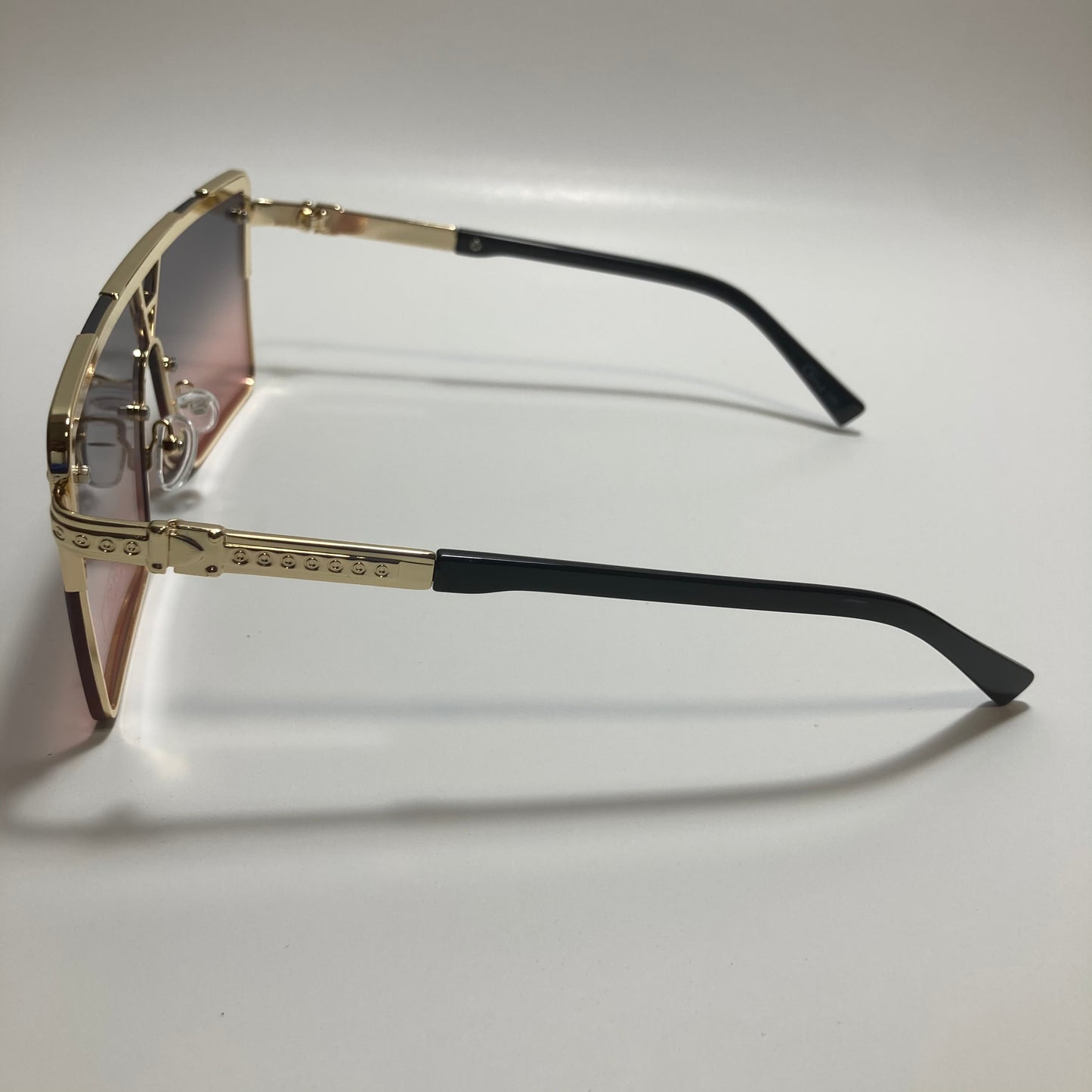 womens gold square oversize sunglasses with pink and black lenses