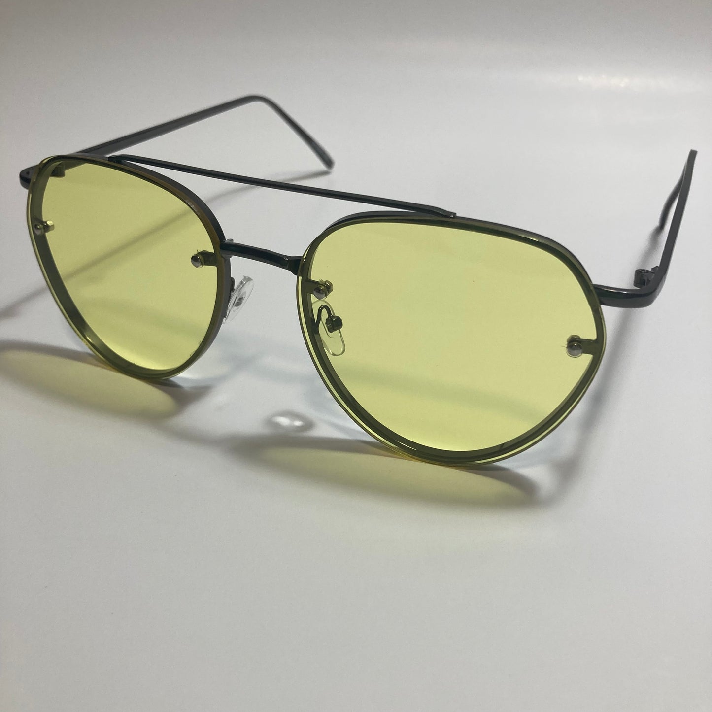 Womens and Mens Black Aviator sunglasses with yellow lenses