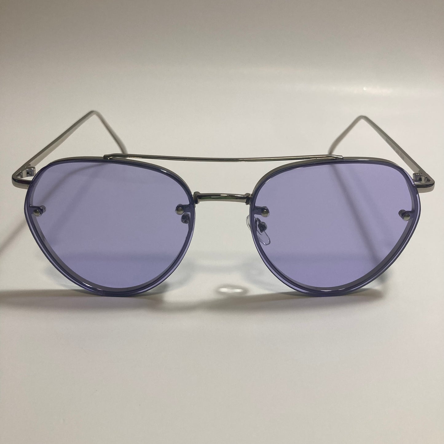 Womens and Mens silver Aviator sunglasses with purple lenses
