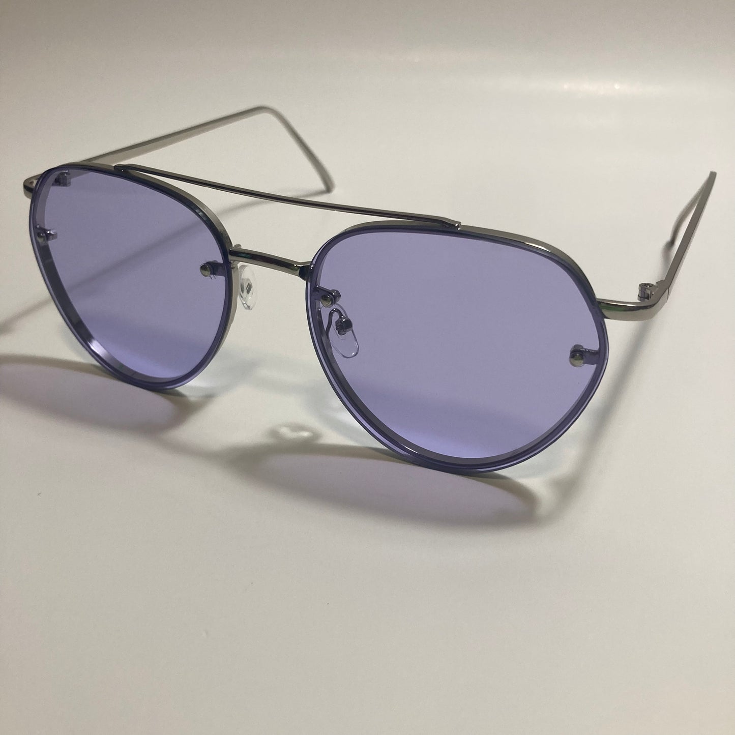 Womens and Mens silver Aviator sunglasses with purple lenses