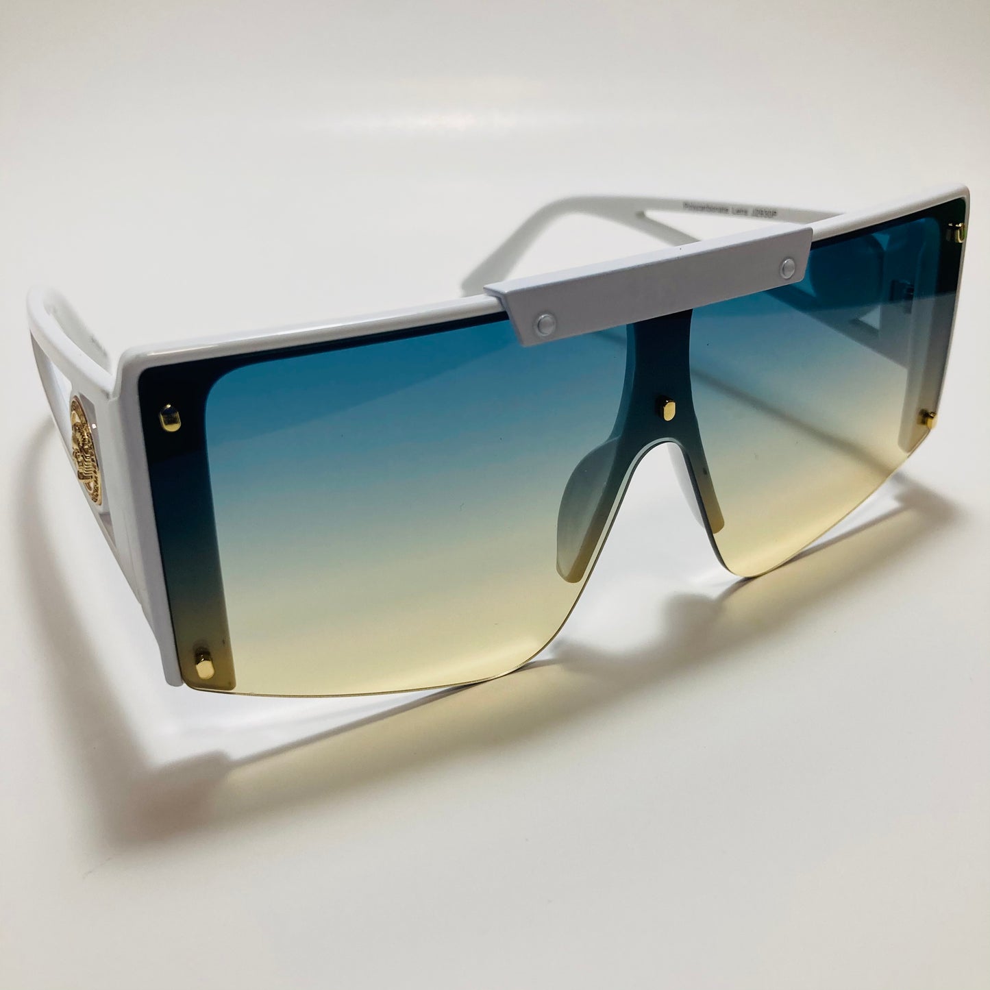 womens white blue and yellow oversize shield sunglasses