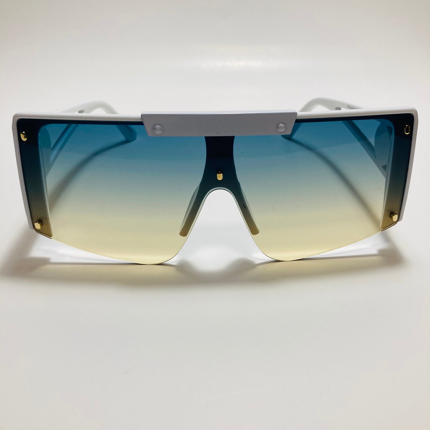 womens white blue and yellow oversize shield sunglasses