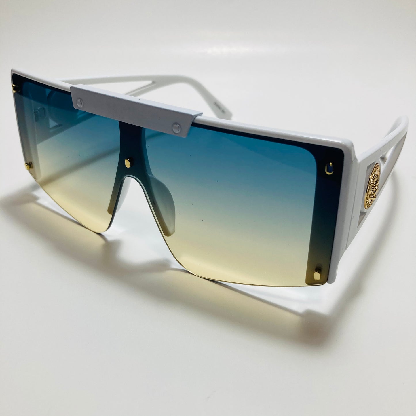 womens white blue and yellow oversize shield sunglasses