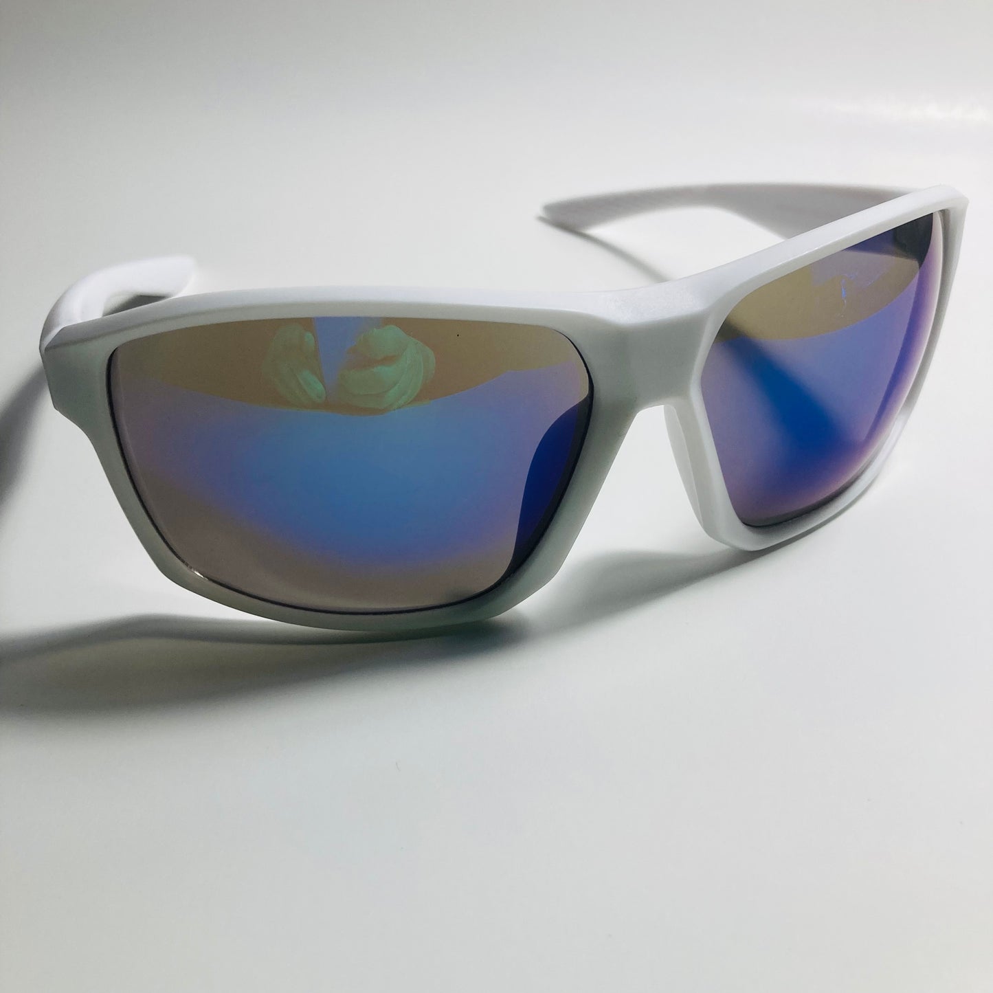 mens white and blue wrap around sunglasses