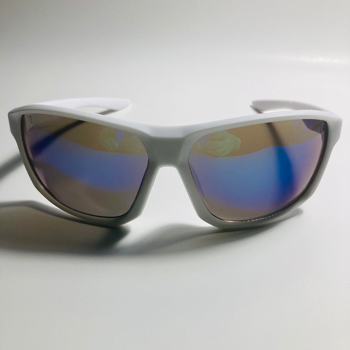 mens white and blue wrap around sunglasses