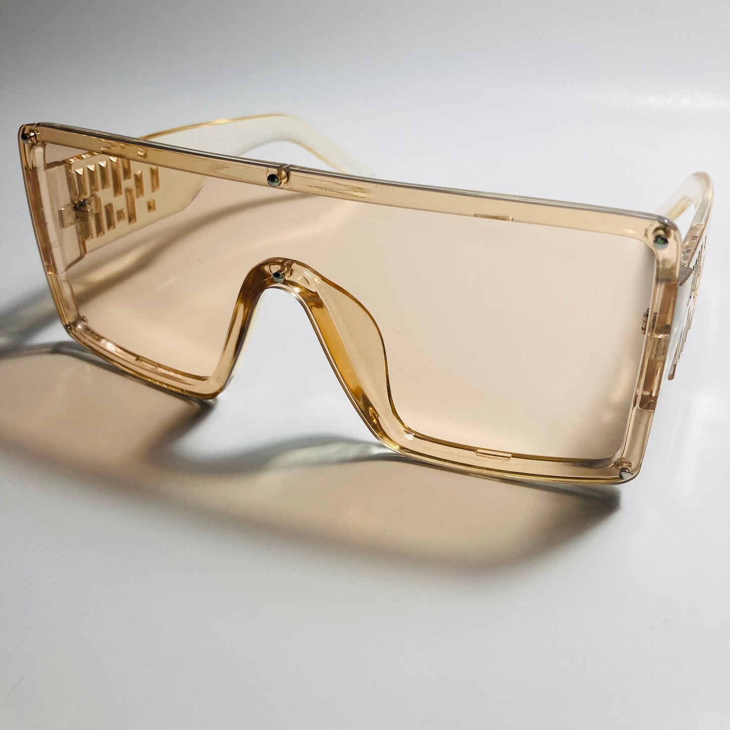 womens tan oversize shield sunglasses with rhinestones