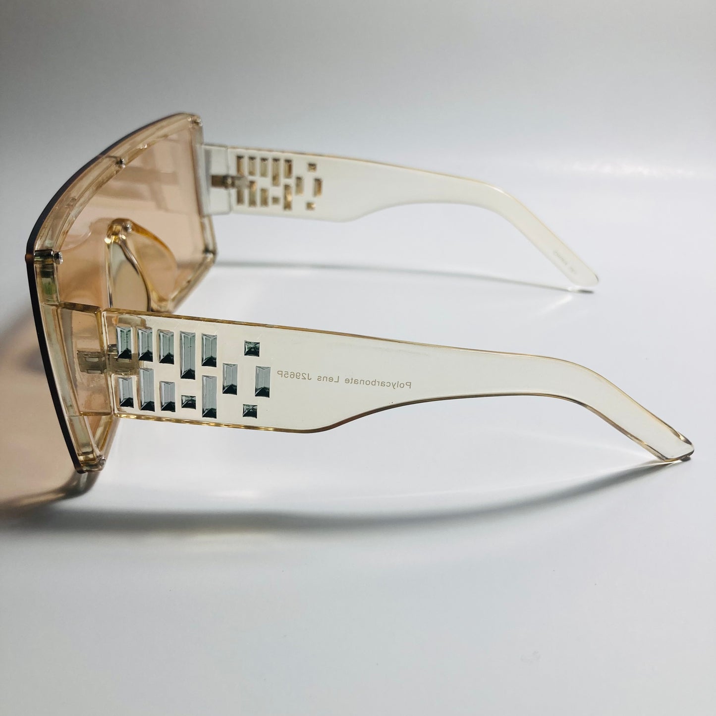 womens tan oversize shield sunglasses with rhinestones