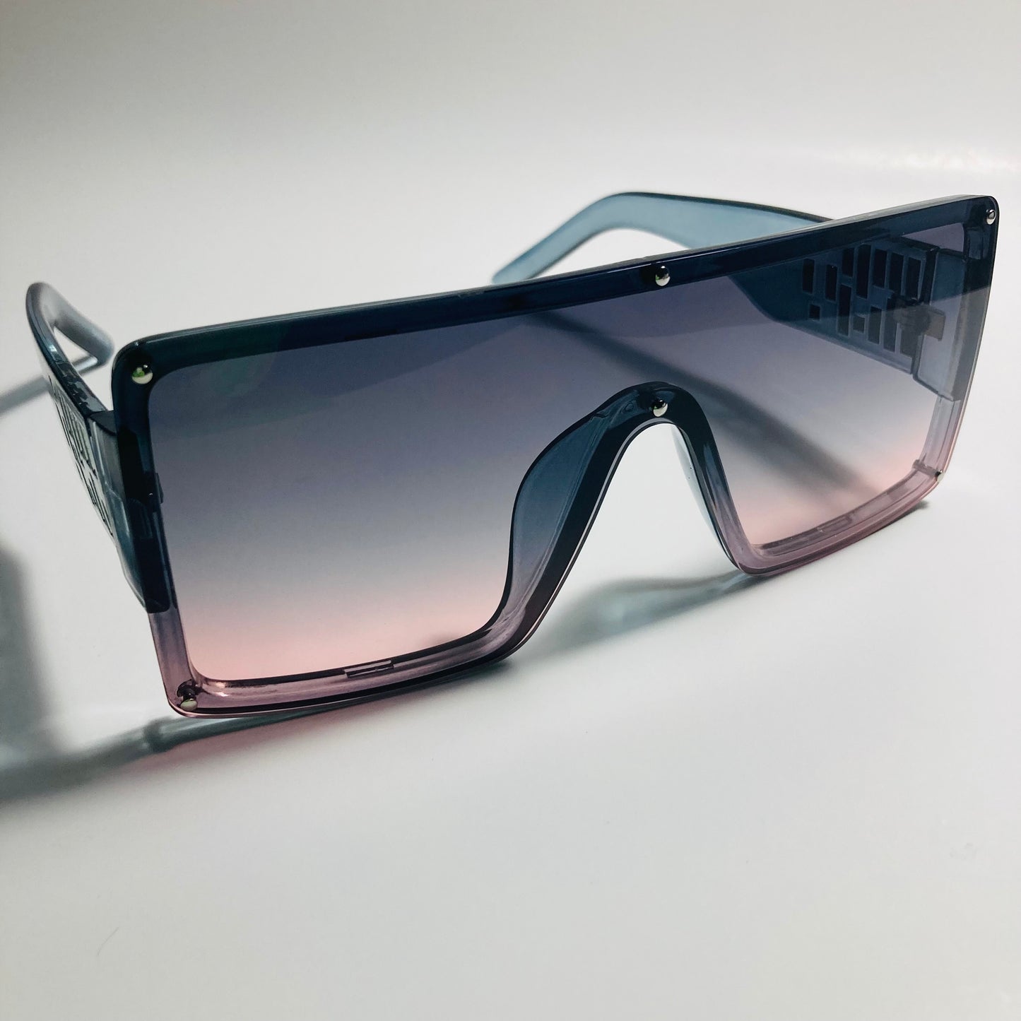 womens gray and pink oversize shield sunglasses with rhinestones
