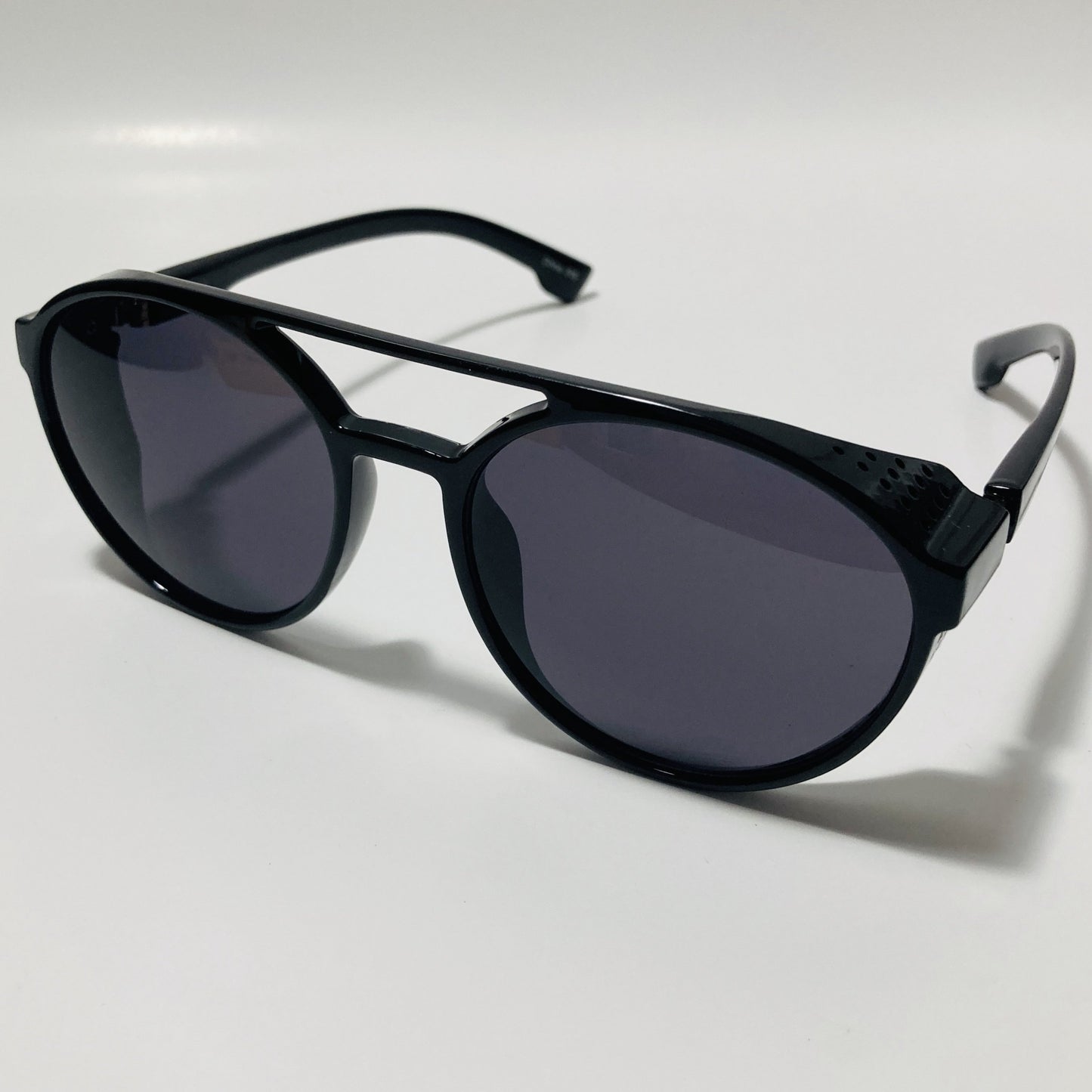 mens and womens black round steampunk sunglasses with side shields