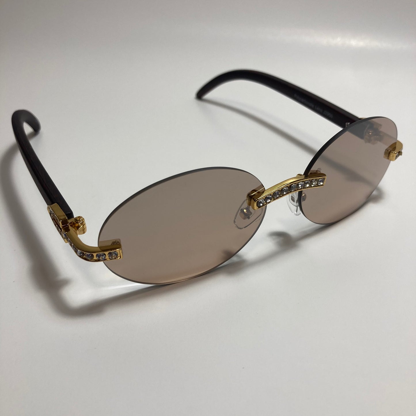 mens and womens rimless round gold diamond sunglasses with brown lenses