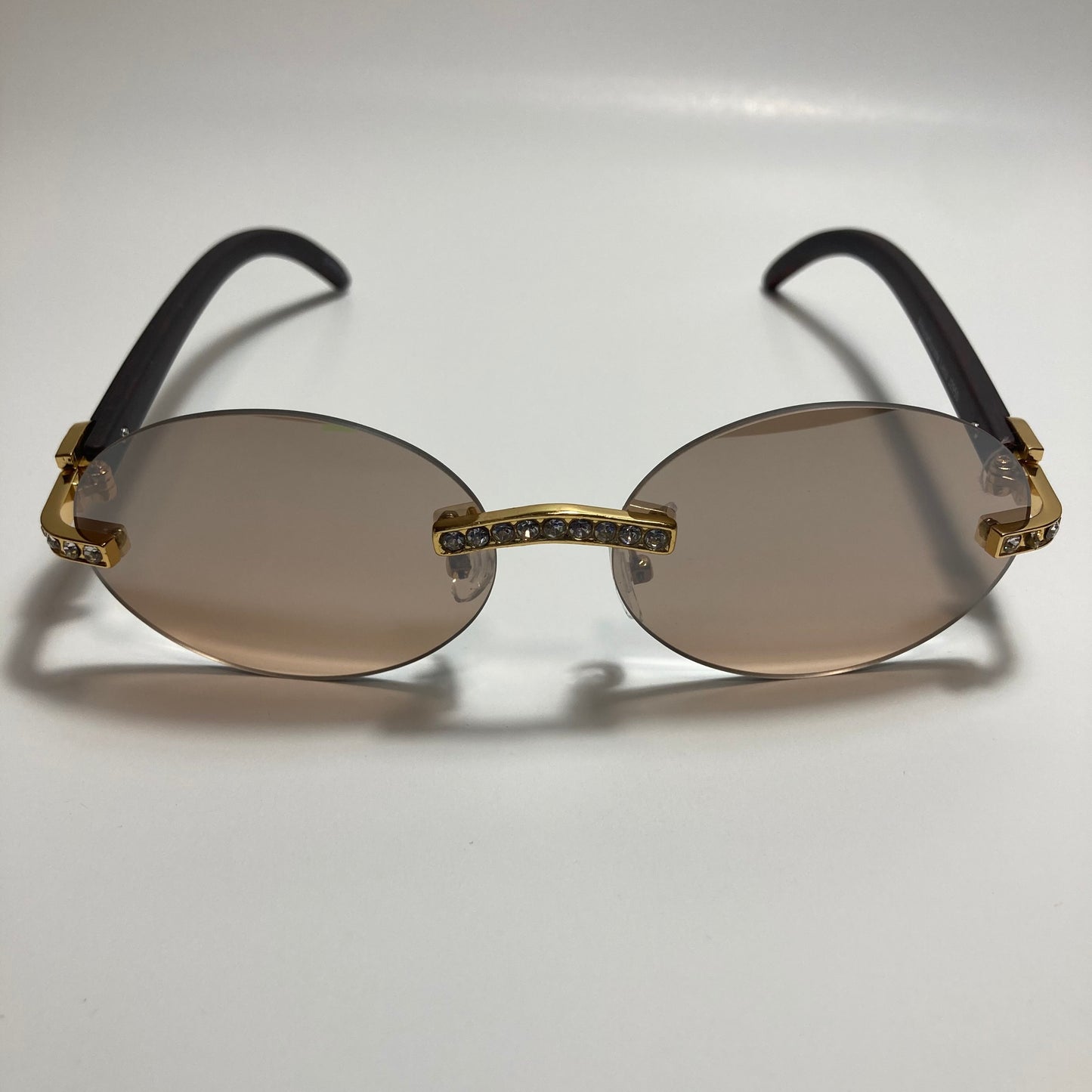 mens and womens rimless round gold diamond sunglasses with brown lenses