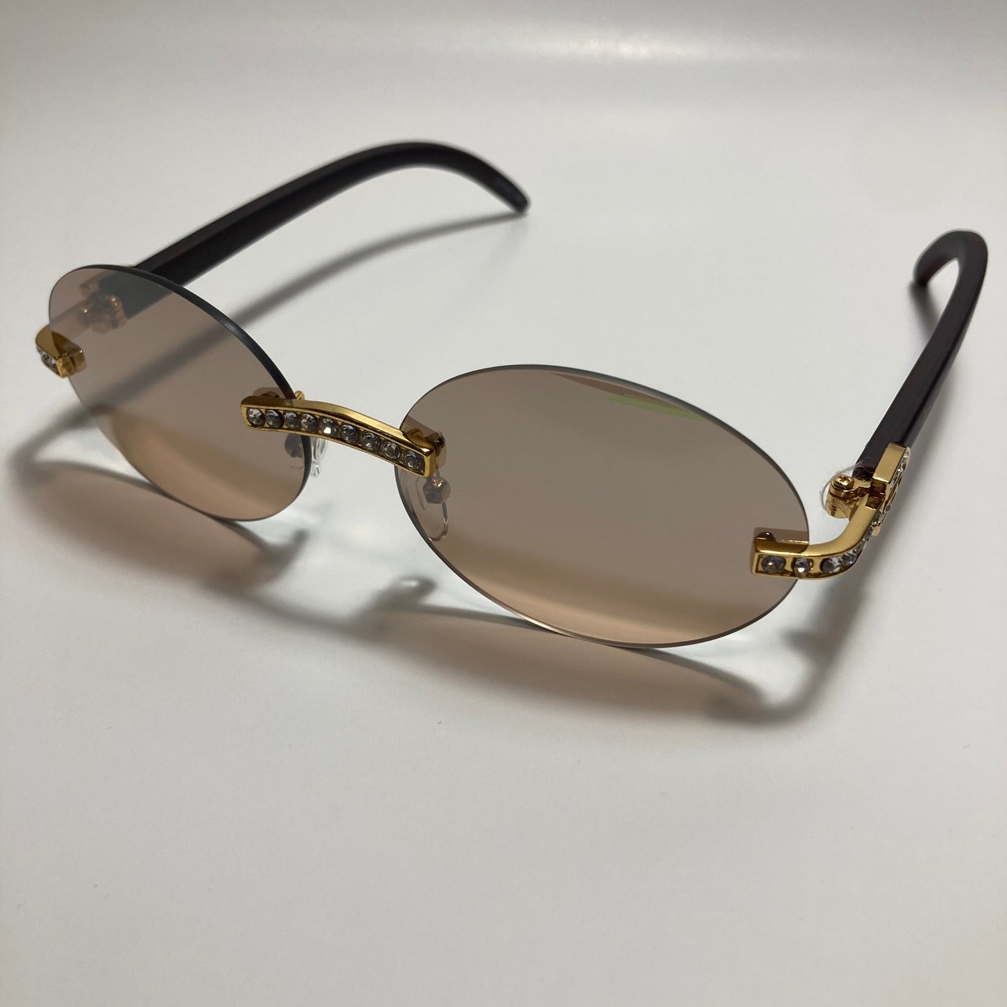 mens and womens rimless round gold diamond sunglasses with brown lenses