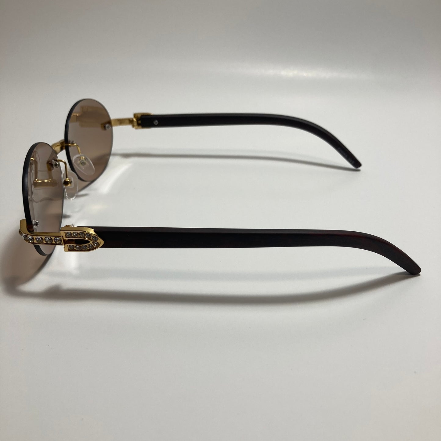 mens and womens rimless round gold diamond sunglasses with brown lenses