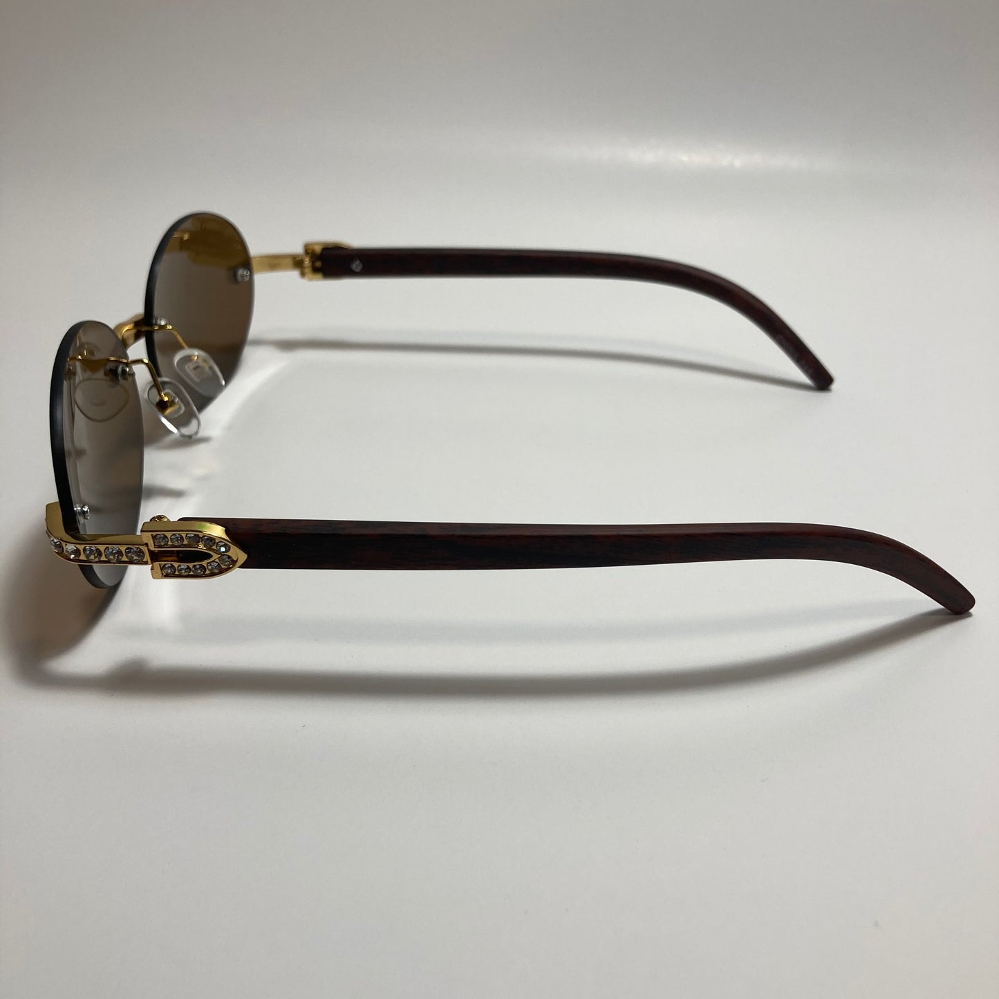 mens and womens rimless round gold diamond sunglasses with brown lenses
