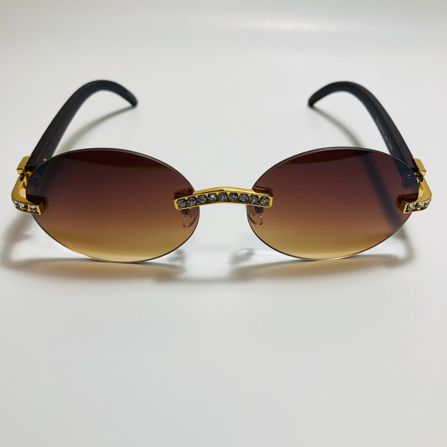 mens and womens rimless round gold diamond sunglasses with brown lenses
