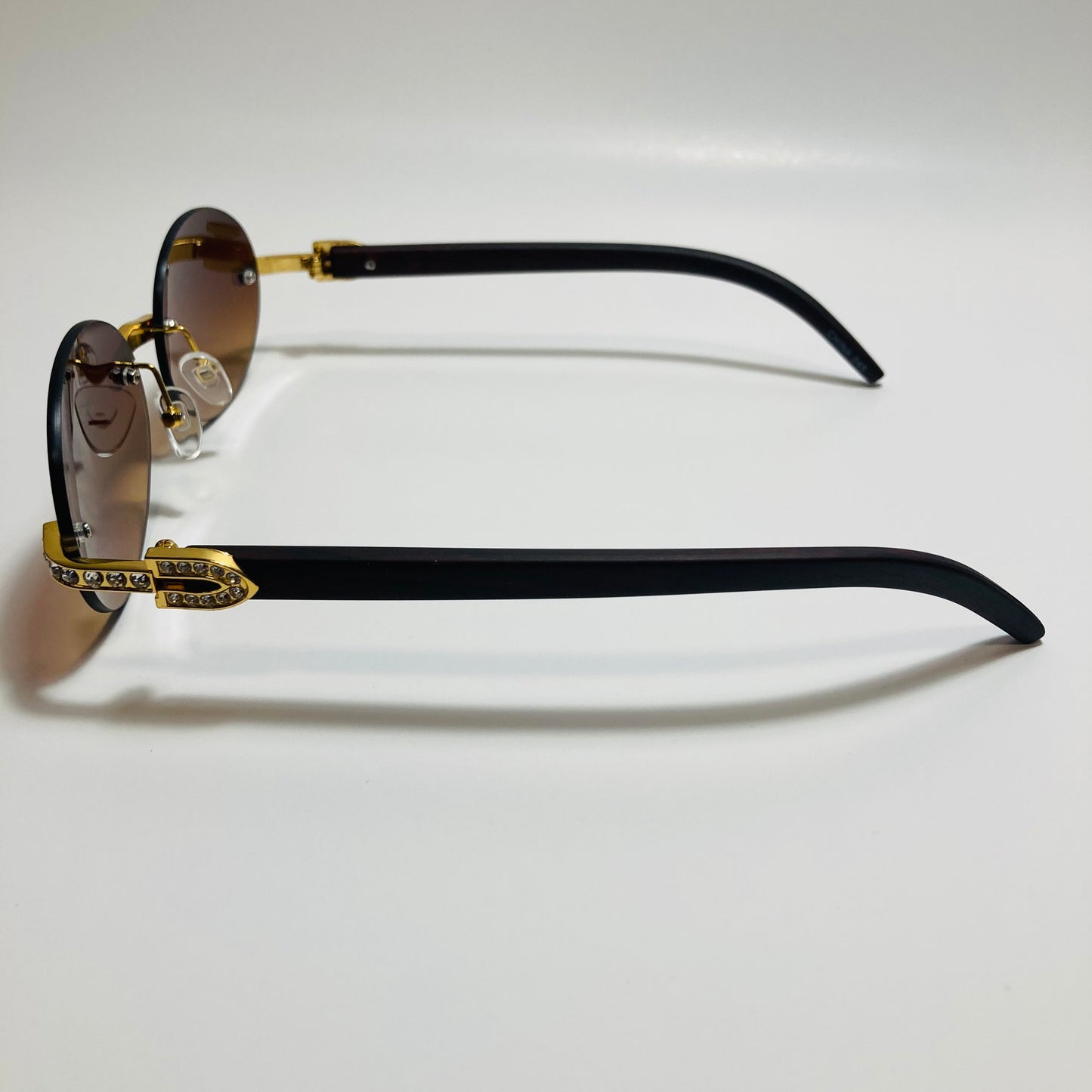 mens and womens rimless round gold diamond sunglasses with brown lenses