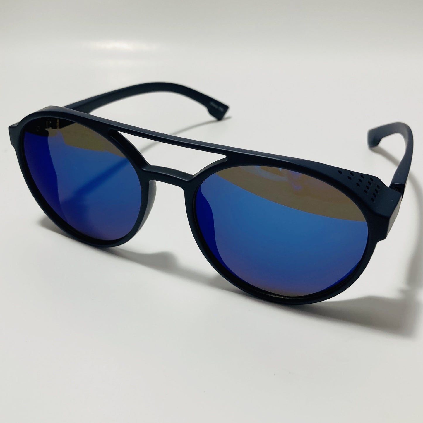 mens and womens black and blue round steampunk sunglasses with side shields