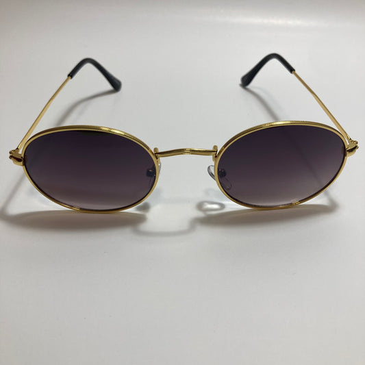 mens and womens small gold round sunglasses with black lenses