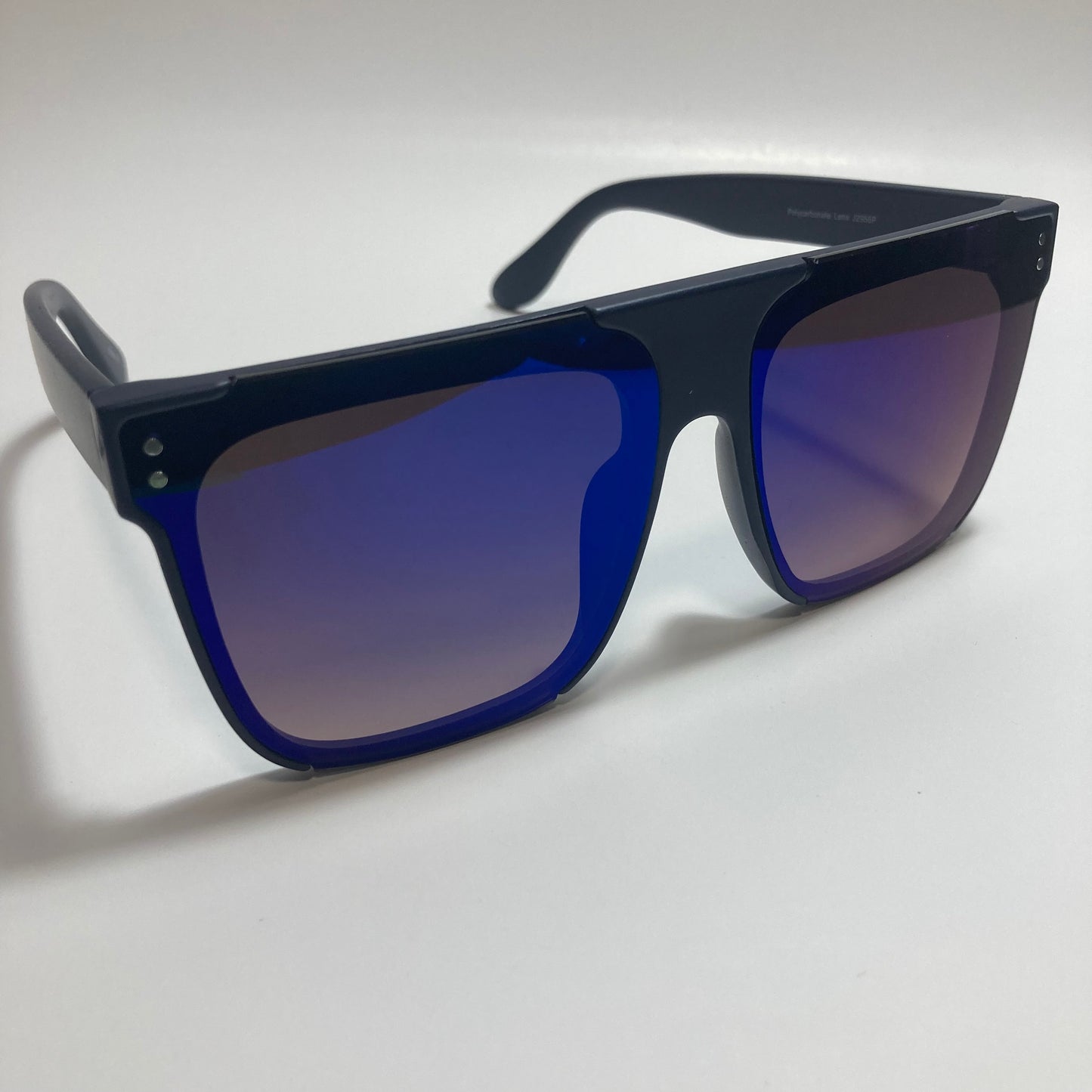 womens black oversize square sunglasses with mirrored blue lenses