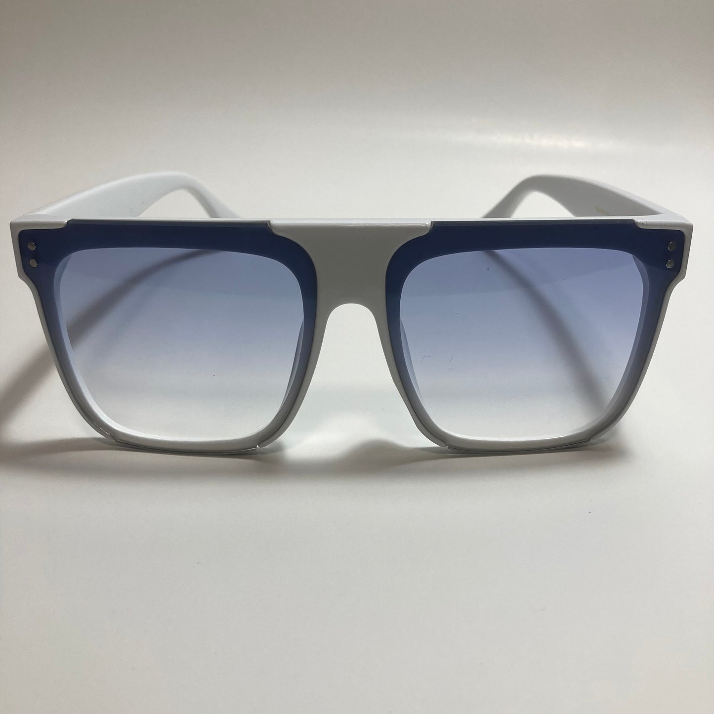 womens white oversize square sunglasses with blue lenses