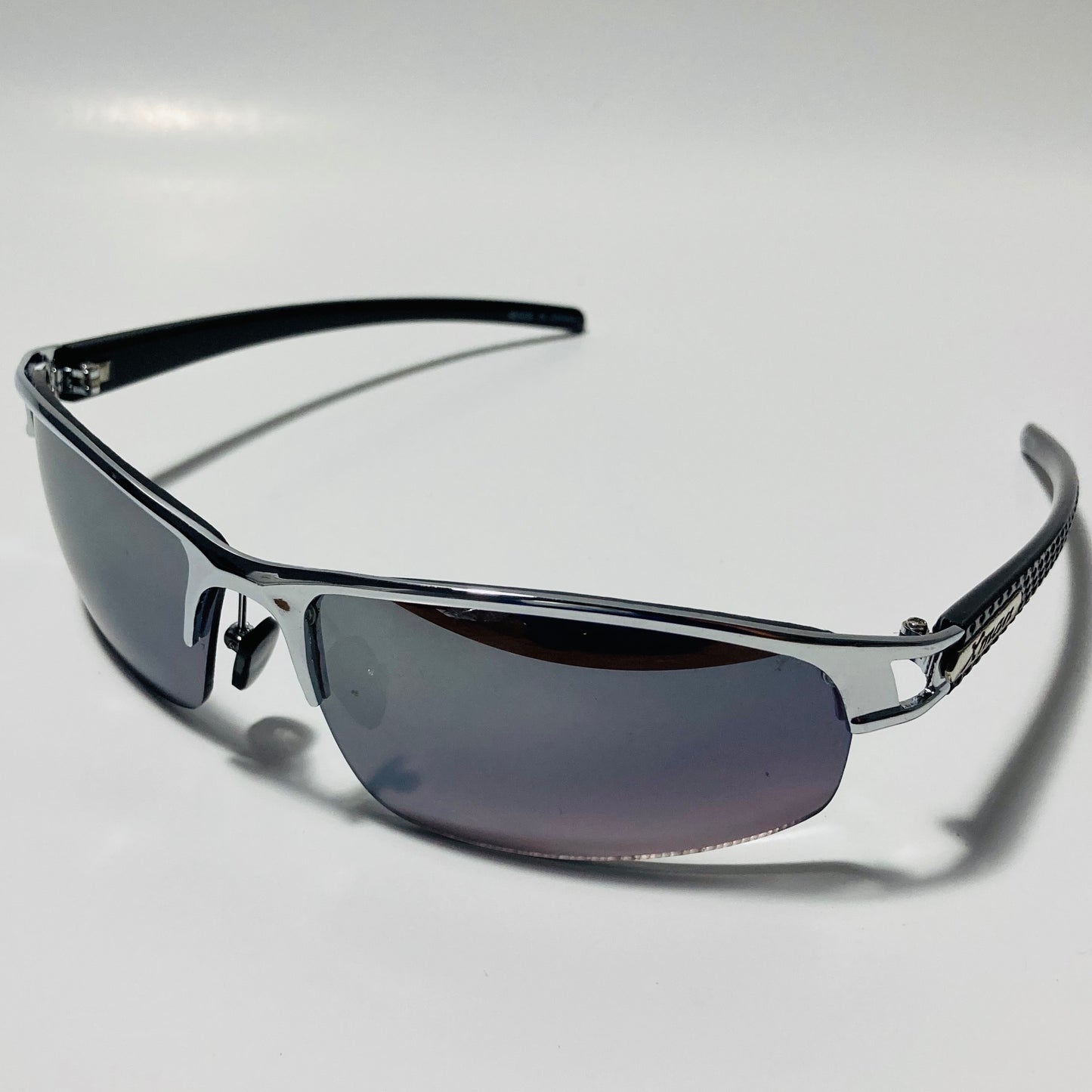 womens and mens silver wrap around sunglasses with black lenses