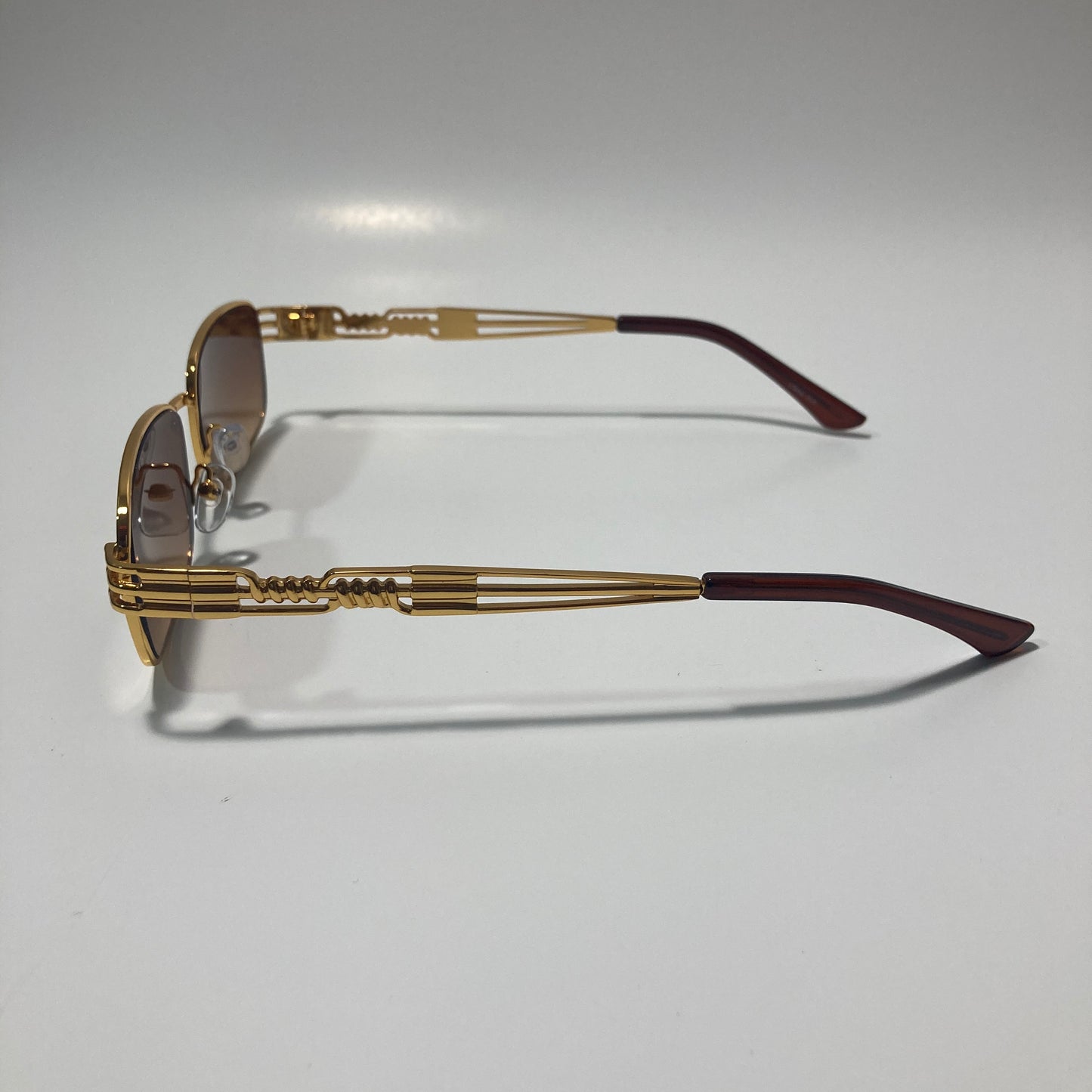 mens and womens gold square sunglasses with brown lenses