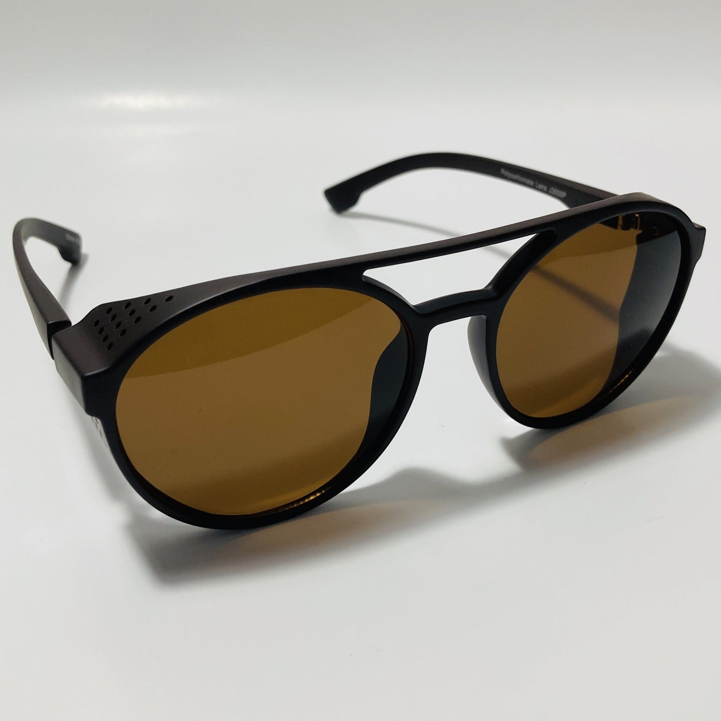 mens and womens brown round steampunk sunglasses with side shields