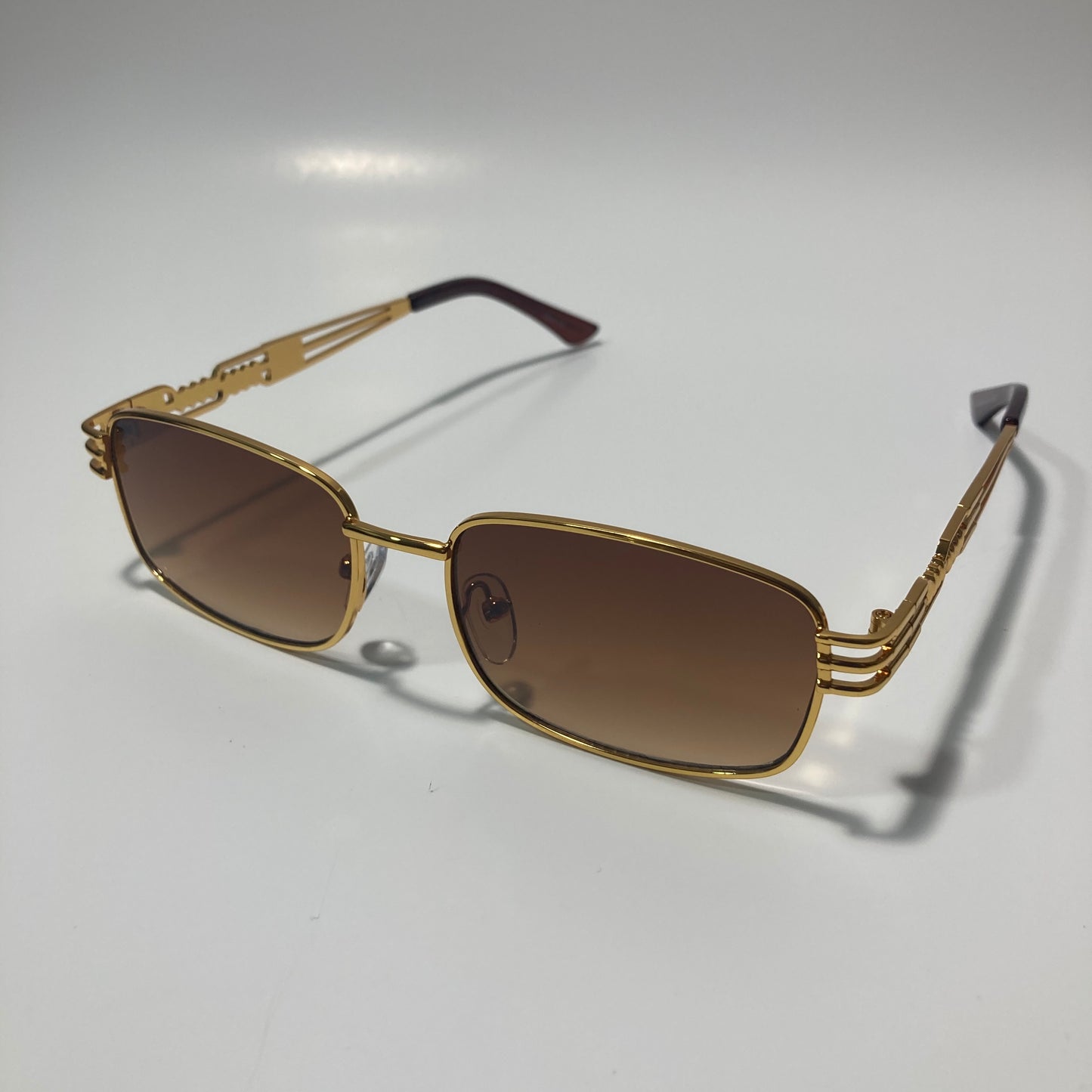 mens and womens gold square sunglasses with brown lenses