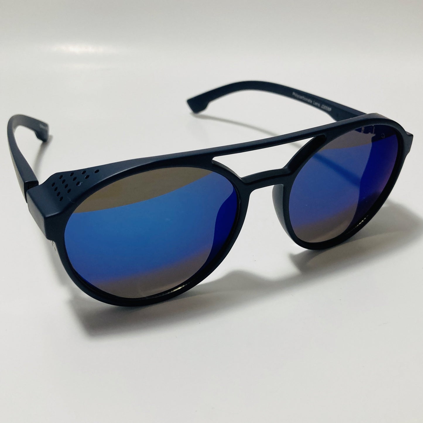 mens and womens black and blue round steampunk sunglasses with side shields