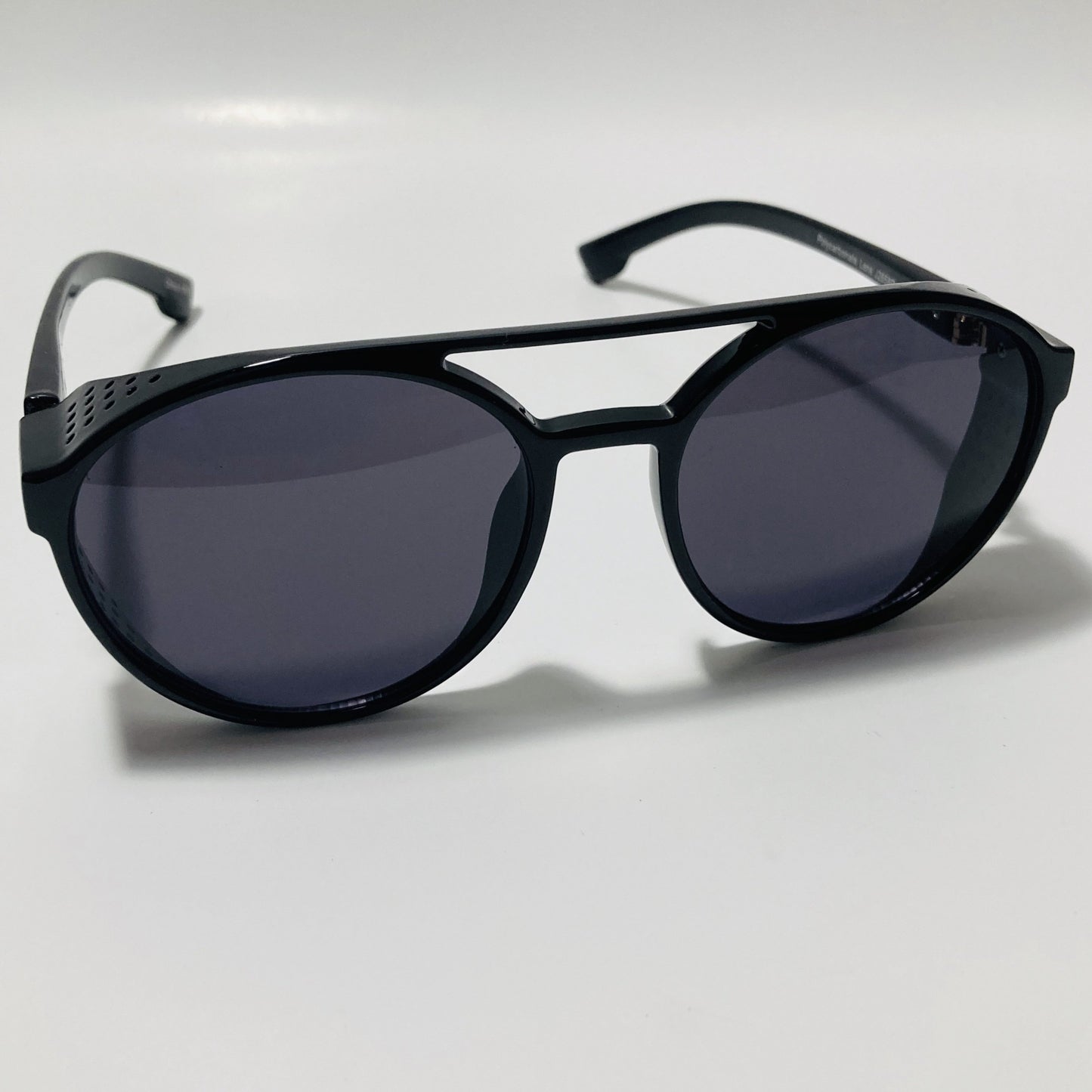 mens and womens black round steampunk sunglasses with side shields