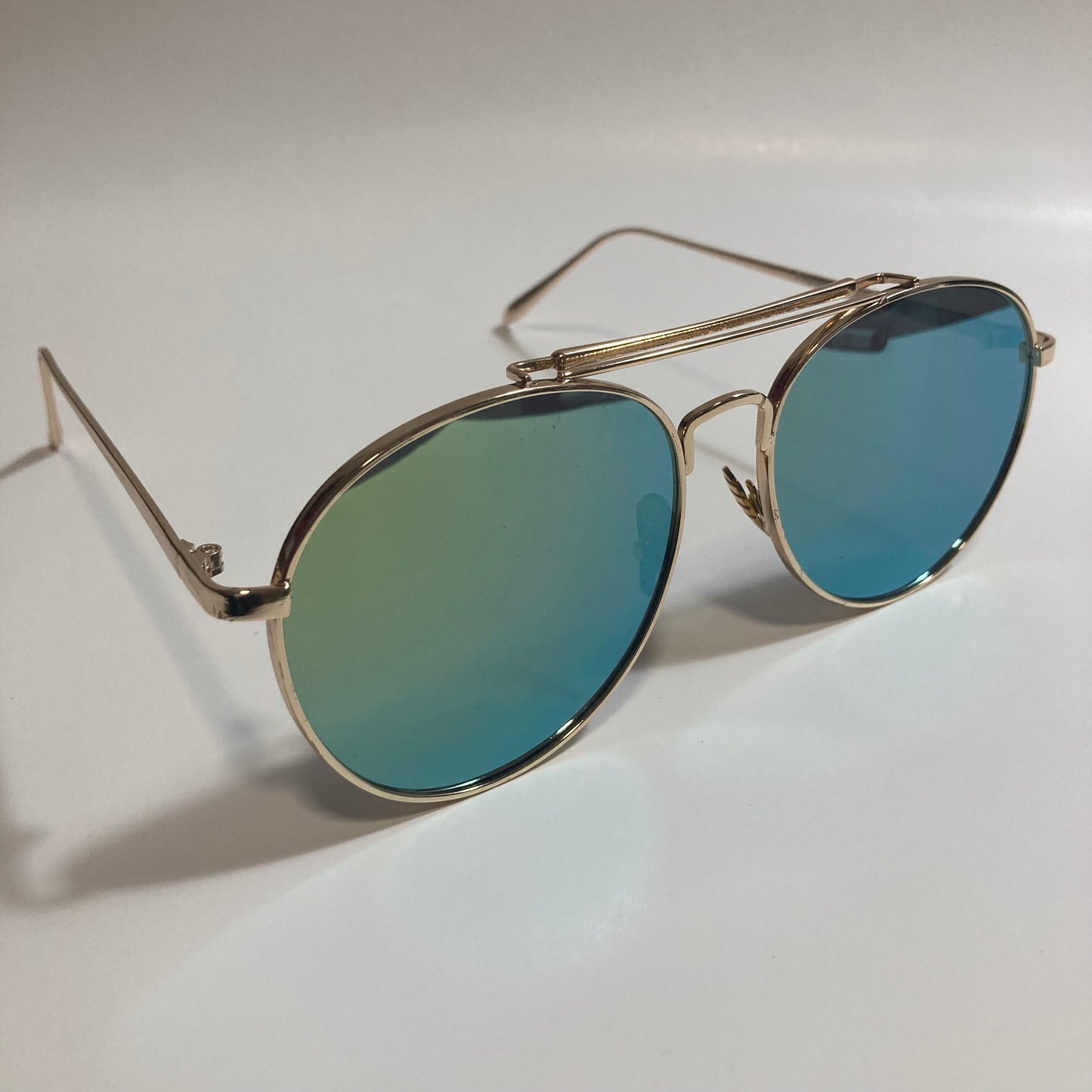 mens and womens gold and green mirrored aviator sunglasses