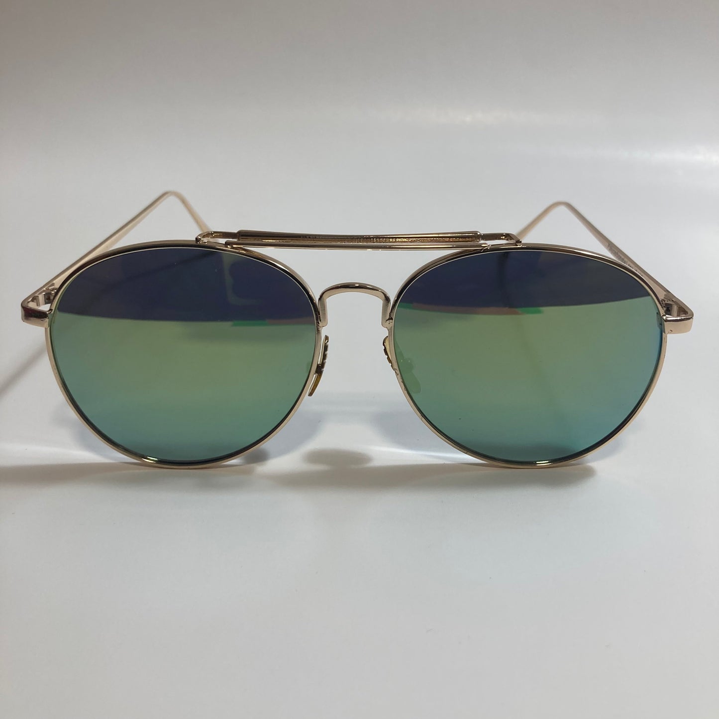 mens and womens gold and green mirrored aviator sunglasses
