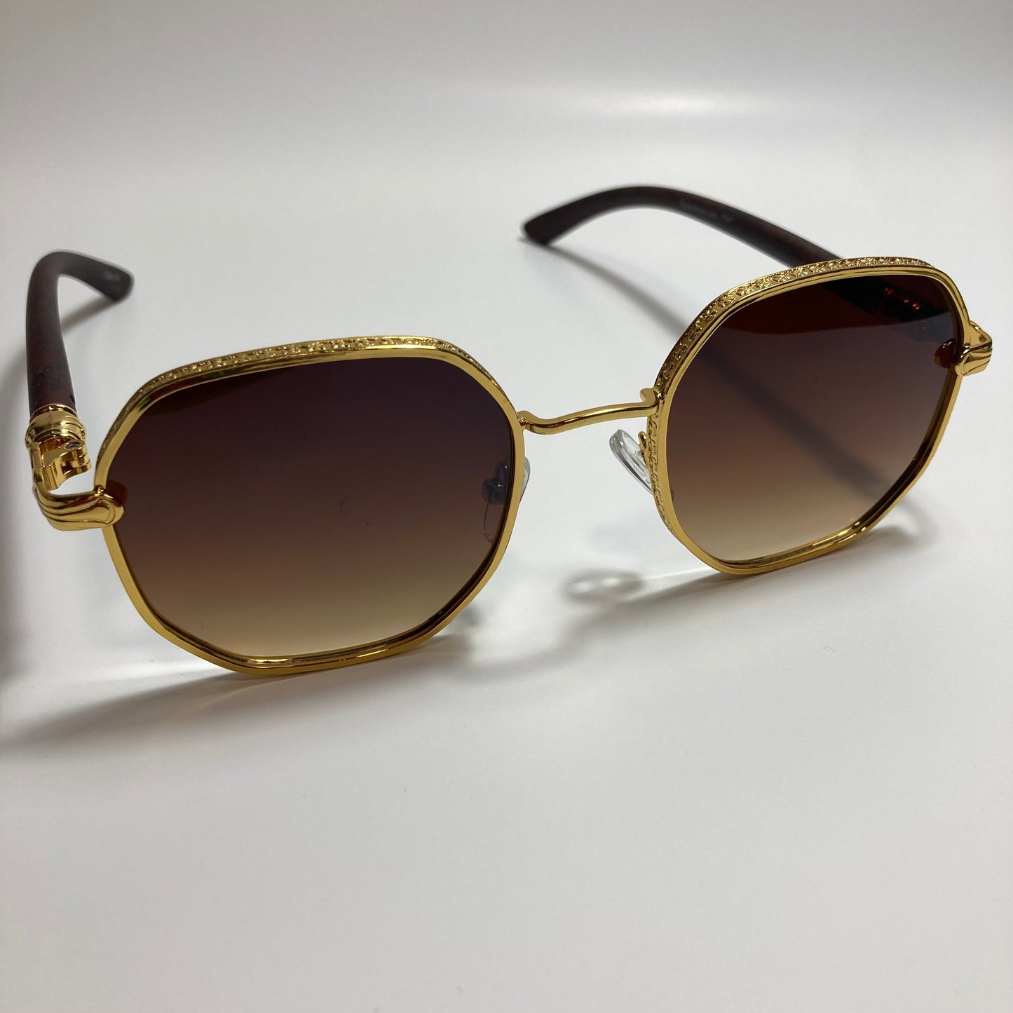 mens and womens brown and gold square sunglasses