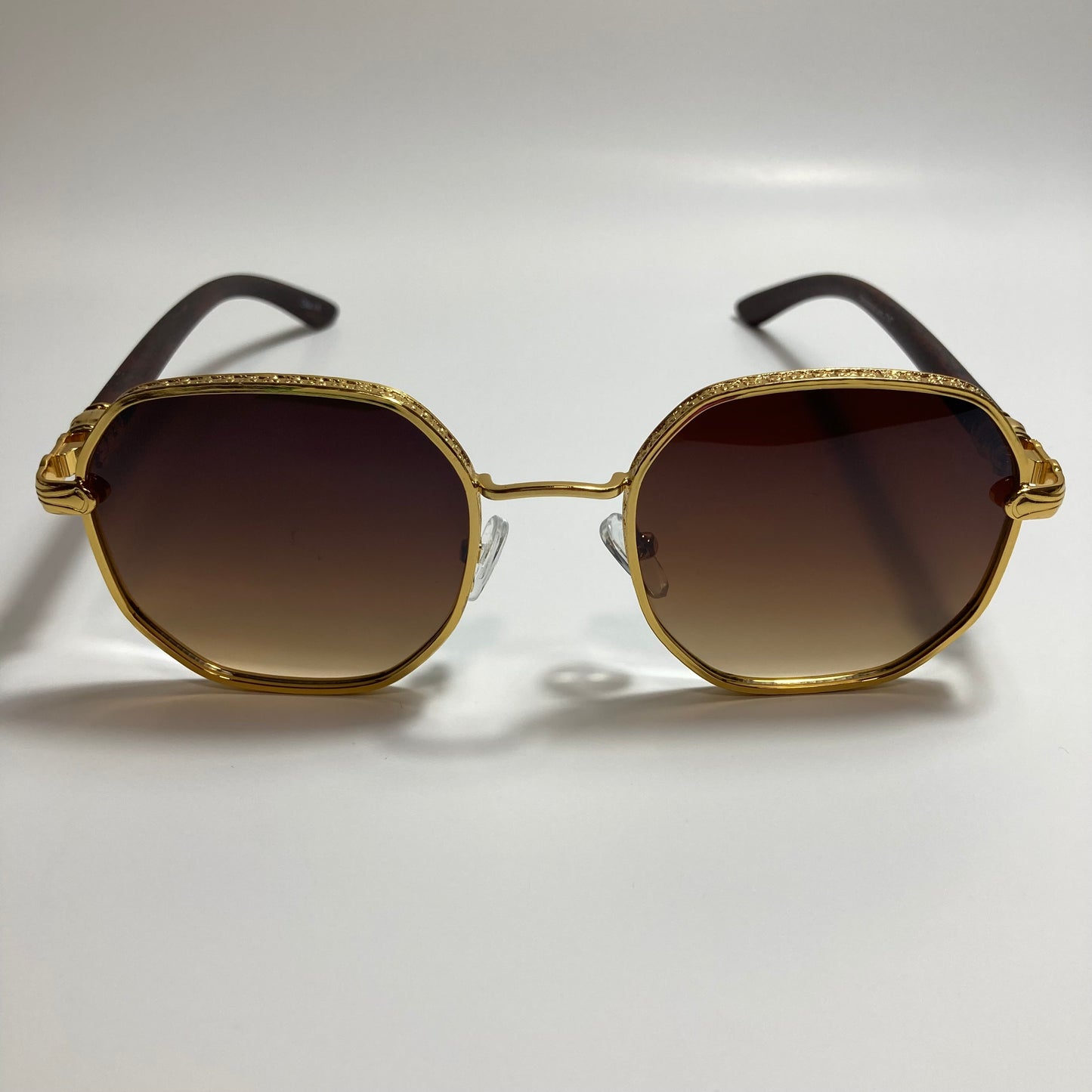 mens and womens brown and gold square sunglasses