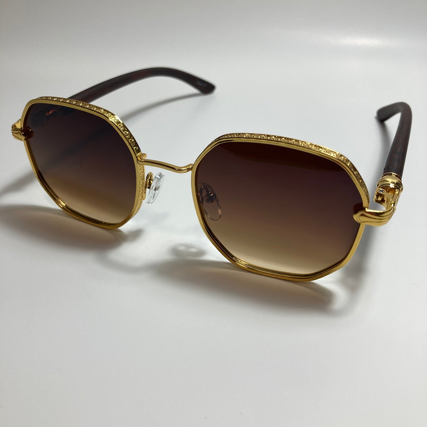 mens and womens brown and gold square sunglasses