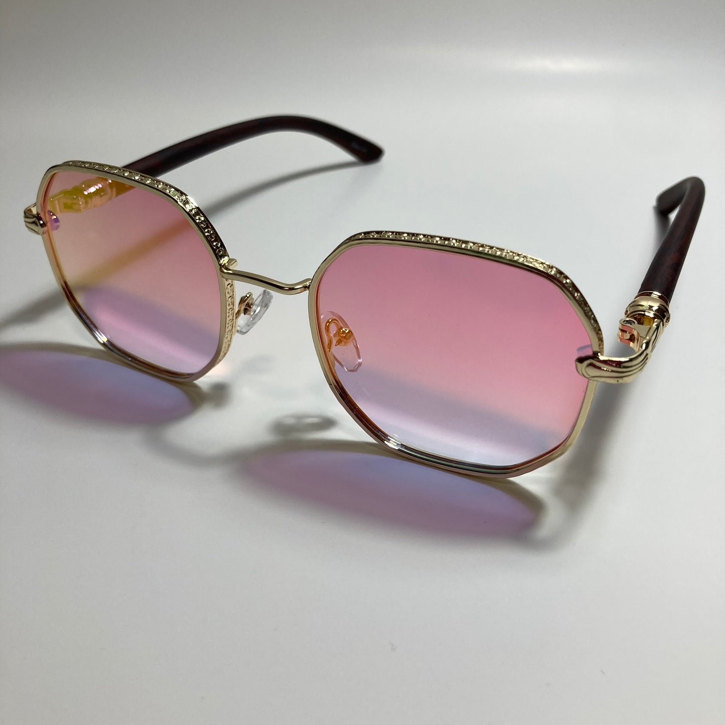 mens and womens gold and pink mirrored square sunglasses